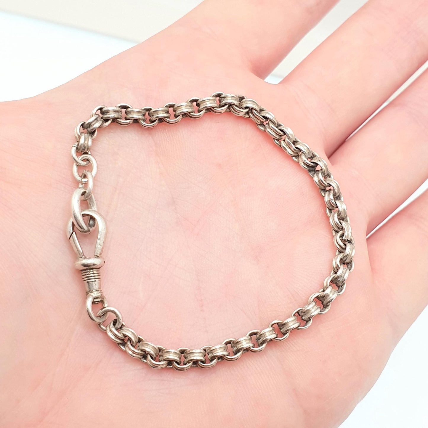 Antique Victorian Sterling Silver Belcher Link Bracelet Dog Clip Rolo Links 5.58g 17.5cm Vintage Albert Chain Mens Womens Jewelry Jewellery