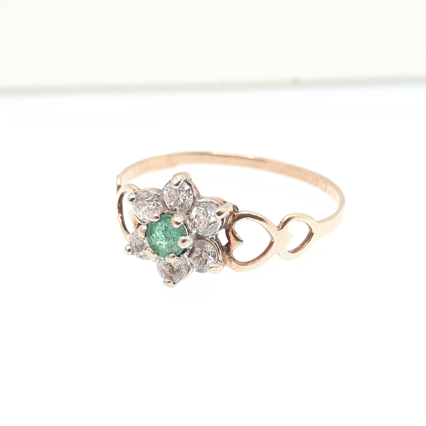 Vintage 9k Gold Emerald Ring Cluster CZ Cubic Zirconia Solid 9ct 375 Hallmarked Estate Fine Jewelry Jewellery Womans Retro Genuine Real