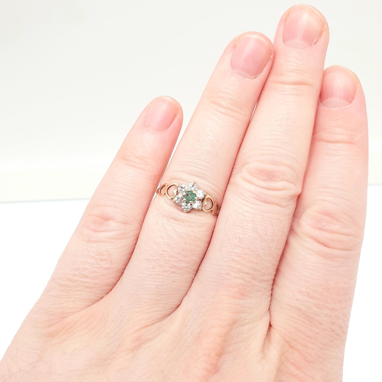 Vintage 9k Gold Emerald Ring Cluster CZ Cubic Zirconia Solid 9ct 375 Hallmarked Estate Fine Jewelry Jewellery Womans Retro Genuine Real