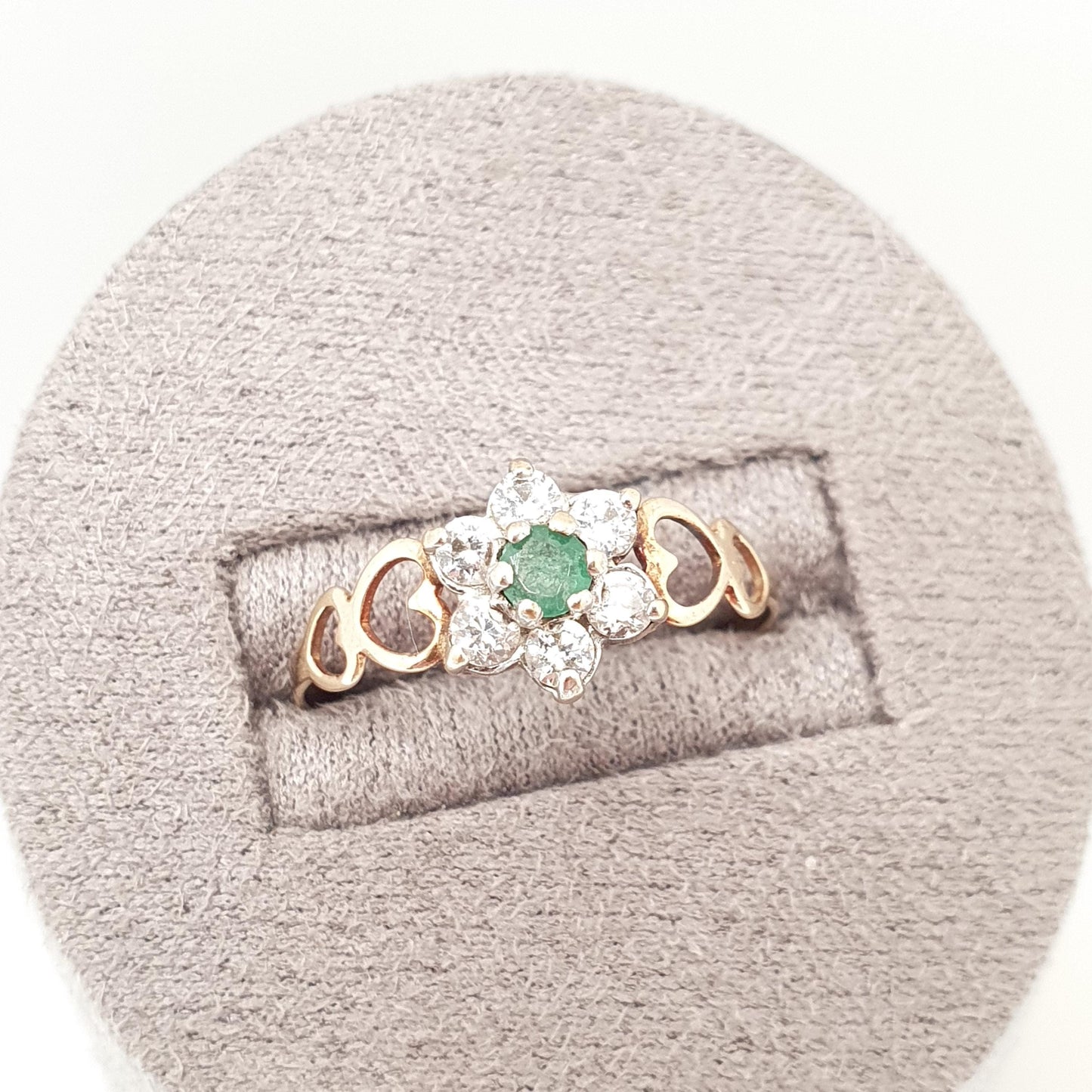 Vintage 9k Gold Emerald Ring Cluster CZ Cubic Zirconia Solid 9ct 375 Hallmarked Estate Fine Jewelry Jewellery Womans Retro Genuine Real