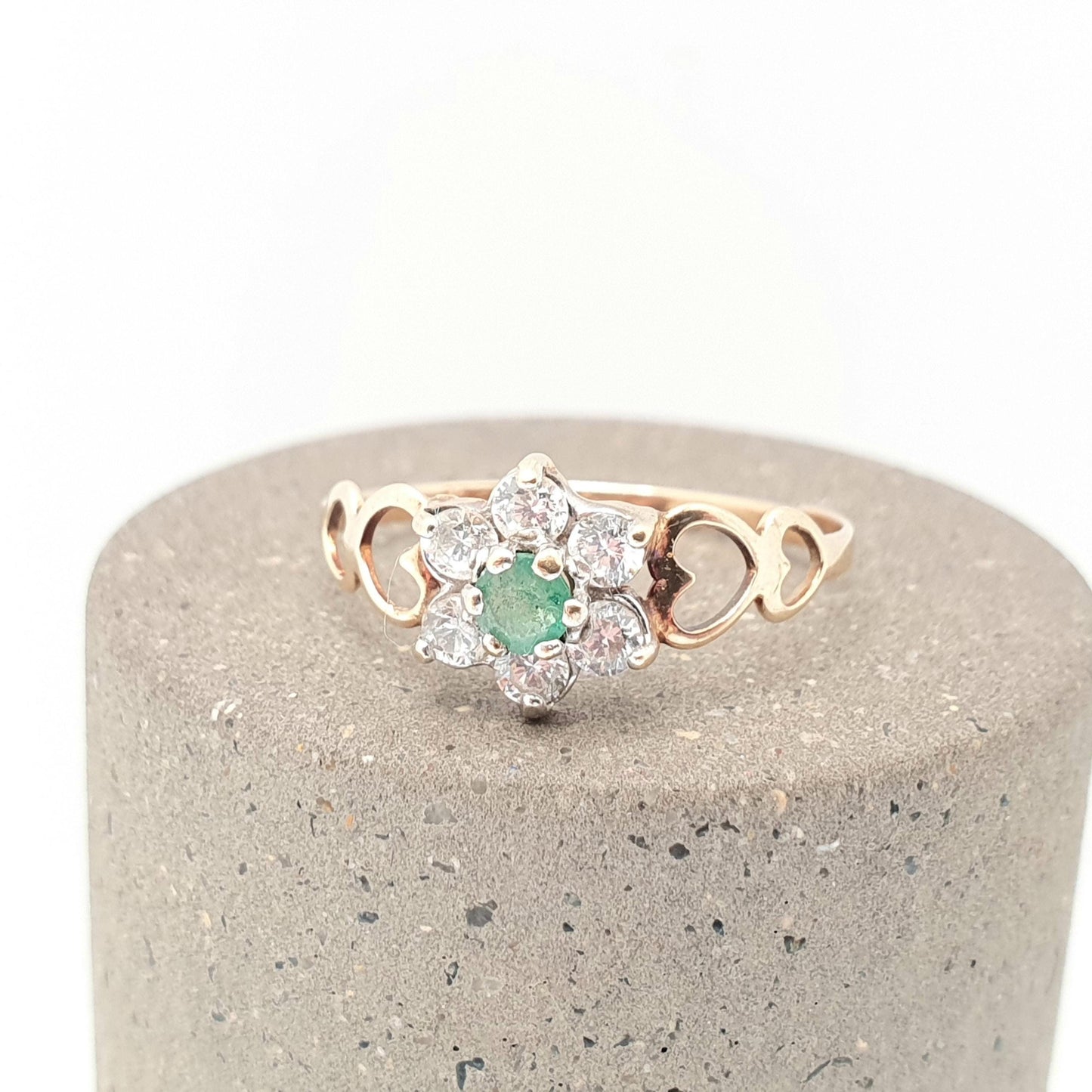 Vintage 9k Gold Emerald Ring Cluster CZ Cubic Zirconia Solid 9ct 375 Hallmarked Estate Fine Jewelry Jewellery Womans Retro Genuine Real