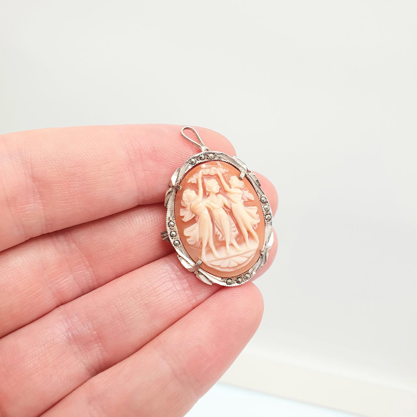Antique Solid Silver Three Graces Cameo Brooch Pin Marcasite Art Deco Shell Hand Carved Italian Vintage 1920s Jewelry Jewellery Jewelry