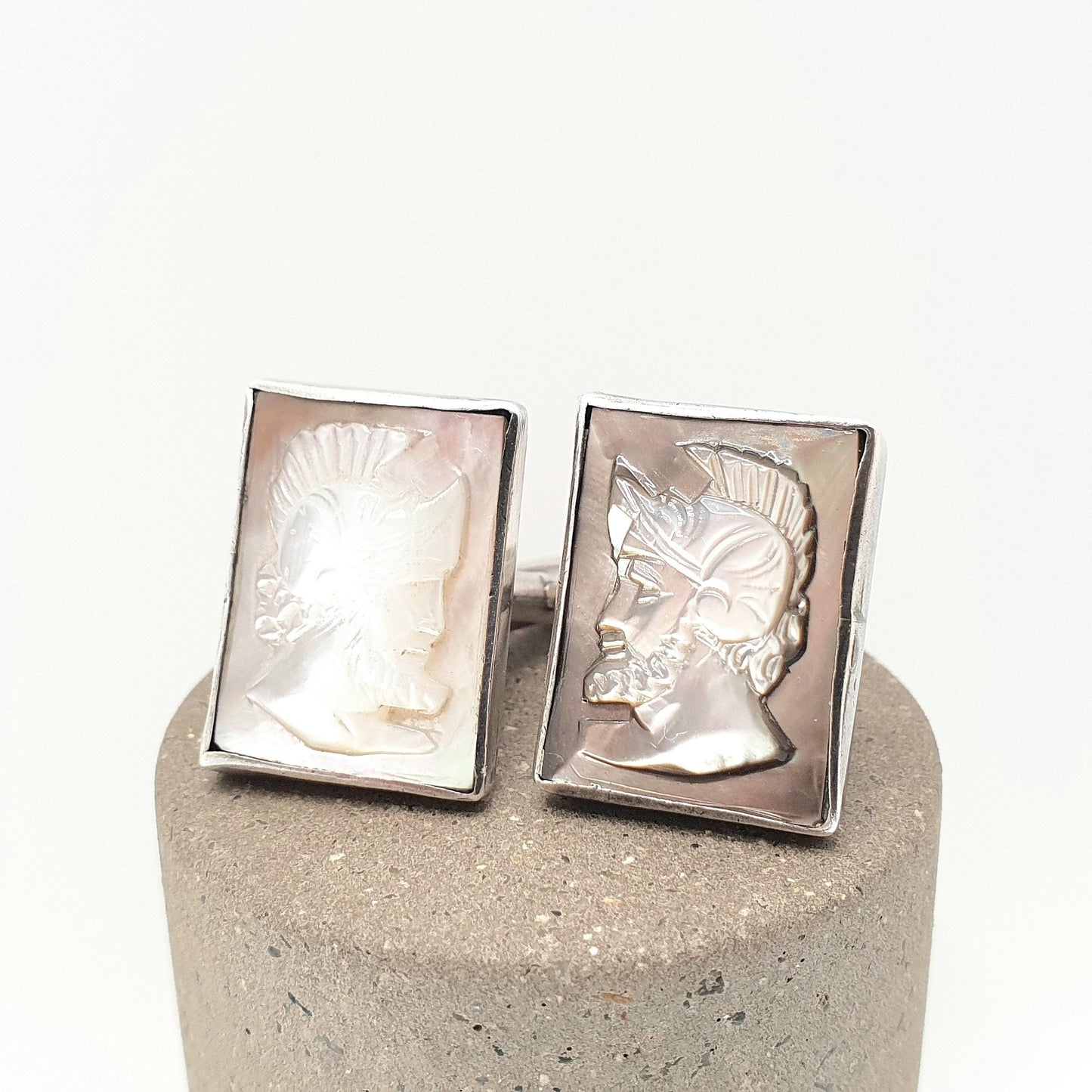 Antique Solid Silver Cameo Cufflinks Cuff Links Centurion 1920s Large Rectangular Hand Carved Shell Gent Mens Vintage Jewelry Jewellery