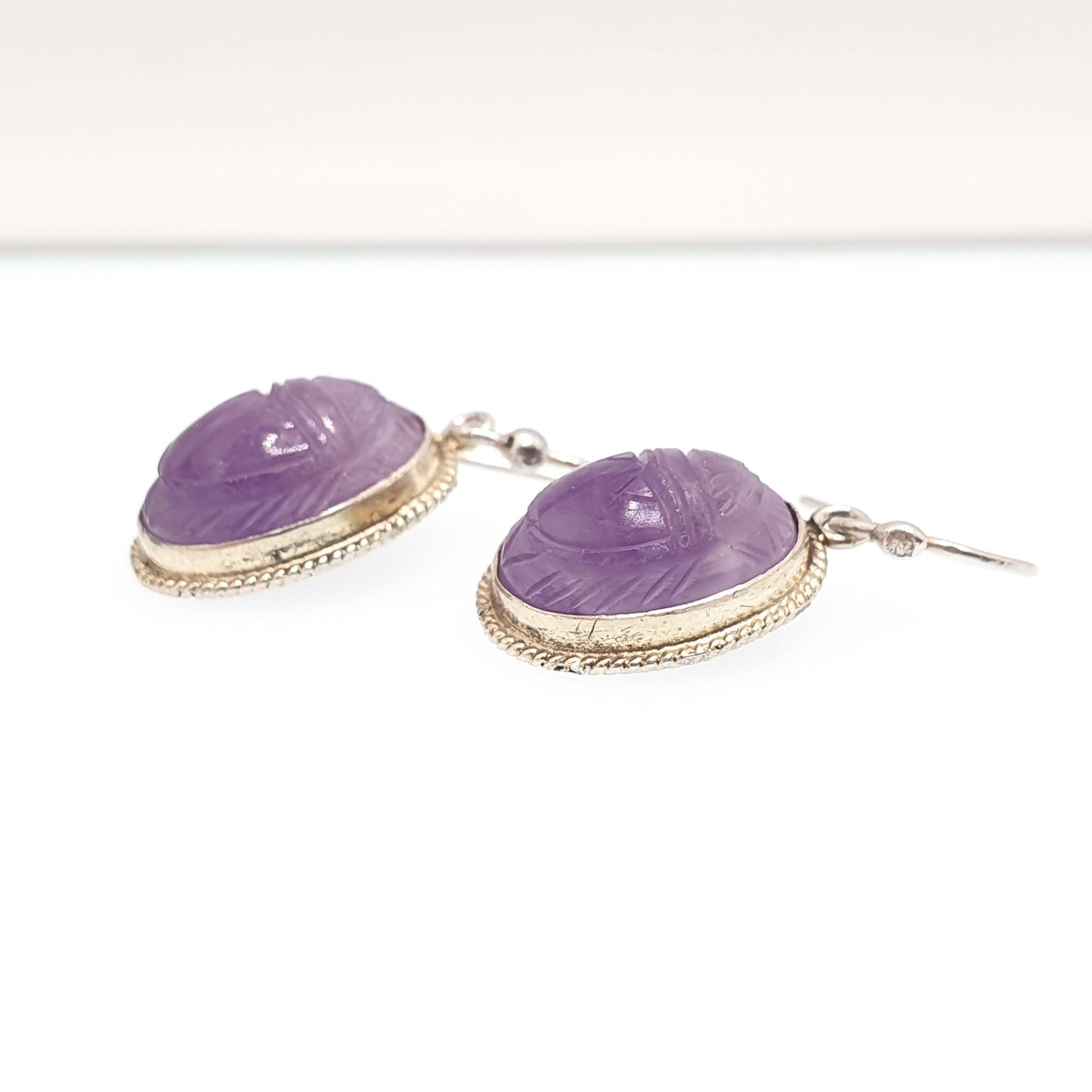Old Vintage Solid Silver Scarab Beetle Earrings Amethyst Carved Gemstone Egyptian Revival Egypt Hook Drop Insect Bug Jewelry Jewellery