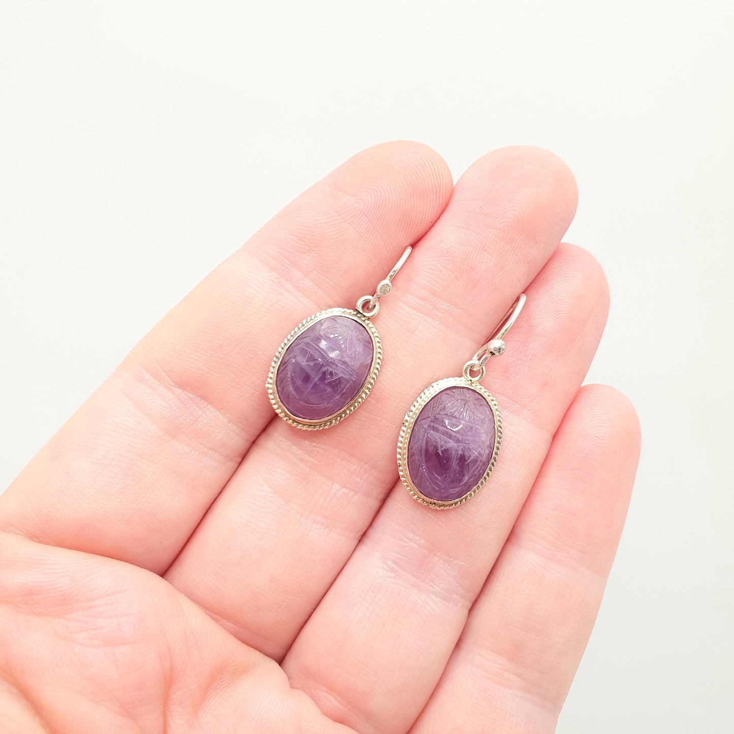 Old Vintage Solid Silver Scarab Beetle Earrings Amethyst Carved Gemstone Egyptian Revival Egypt Hook Drop Insect Bug Jewelry Jewellery