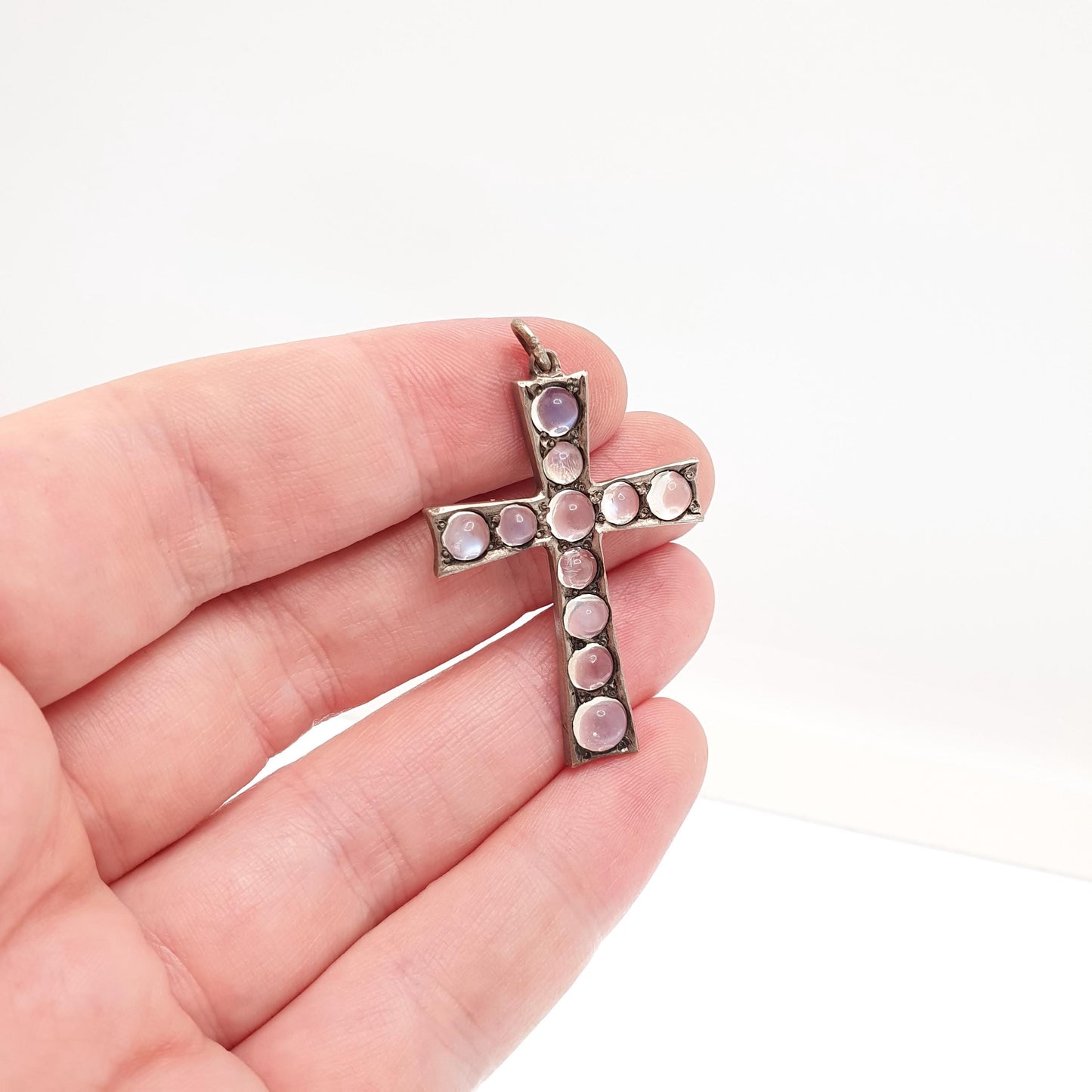 Antique Moonstone Cross Pendant Crucifix Necklace Victorian Silver Tone Rare Fine Christian Catholic Blue Clear Gemstone Jewelry Jewellery