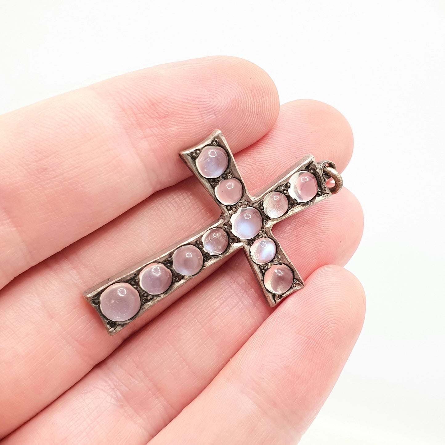 Antique Moonstone Cross Pendant Crucifix Necklace Victorian Silver Tone Rare Fine Christian Catholic Blue Clear Gemstone Jewelry Jewellery