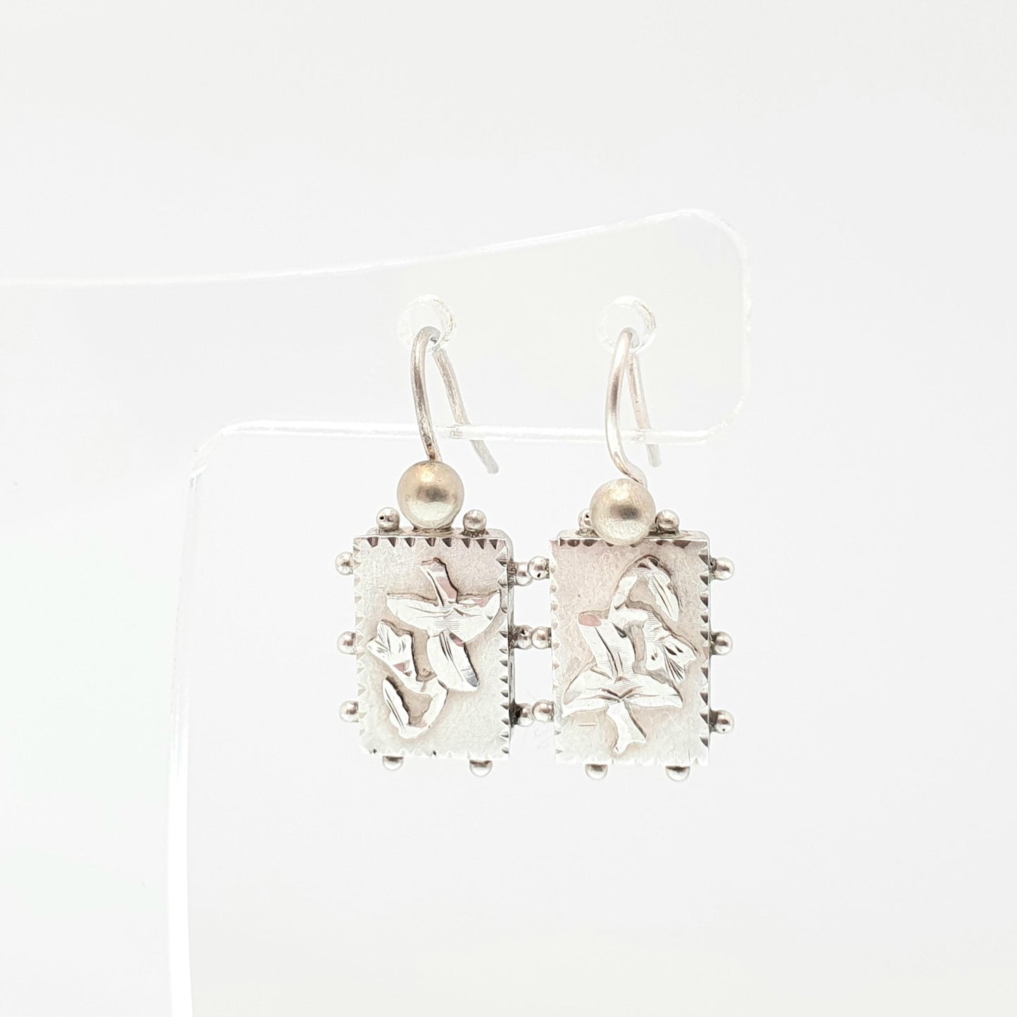 Antique Victorian Solid Silver Earrings Rectangular Hook Drop Flower Etruscan Beaded Genuine 1800s Womens Vintage Ladies Jewelry Jewellery