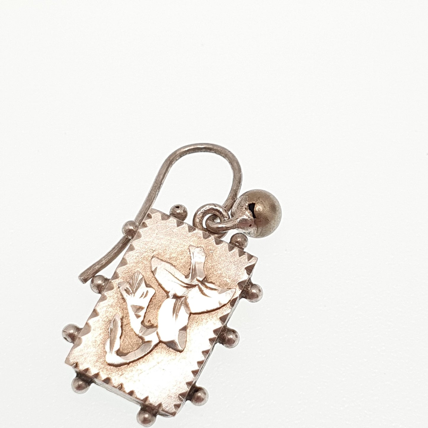 Antique Victorian Solid Silver Earrings Rectangular Hook Drop Flower Etruscan Beaded Genuine 1800s Womens Vintage Ladies Jewelry Jewellery