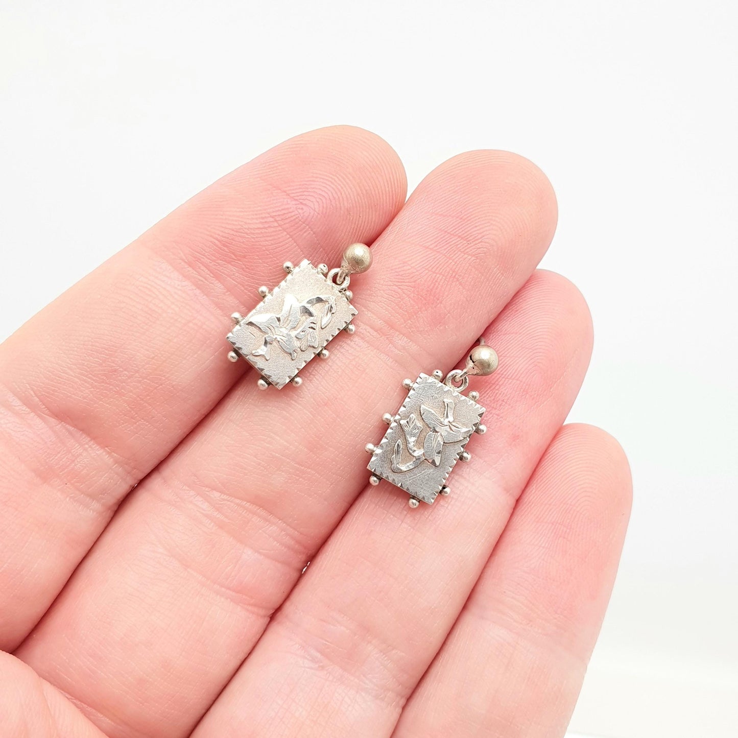 Antique Victorian Solid Silver Earrings Rectangular Hook Drop Flower Etruscan Beaded Genuine 1800s Womens Vintage Ladies Jewelry Jewellery
