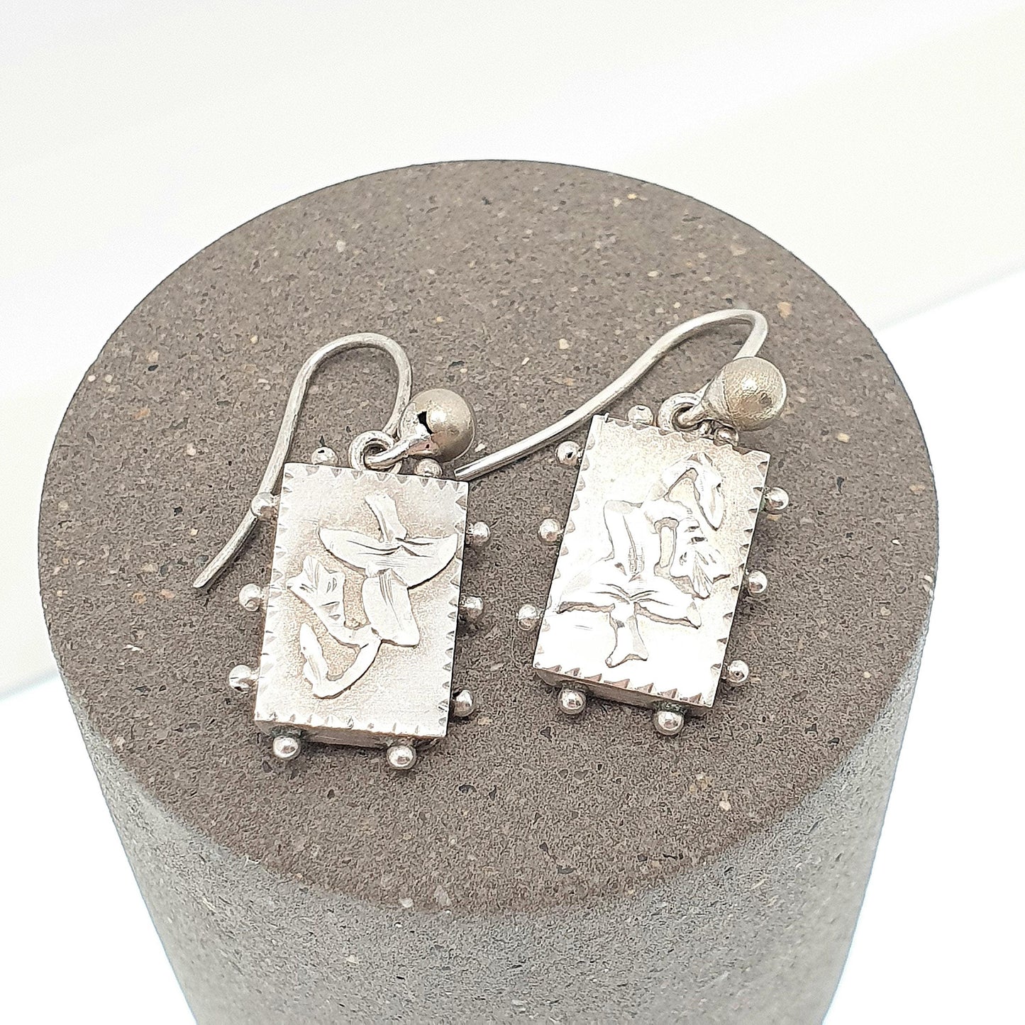 Antique Victorian Solid Silver Earrings Rectangular Hook Drop Flower Etruscan Beaded Genuine 1800s Womens Vintage Ladies Jewelry Jewellery