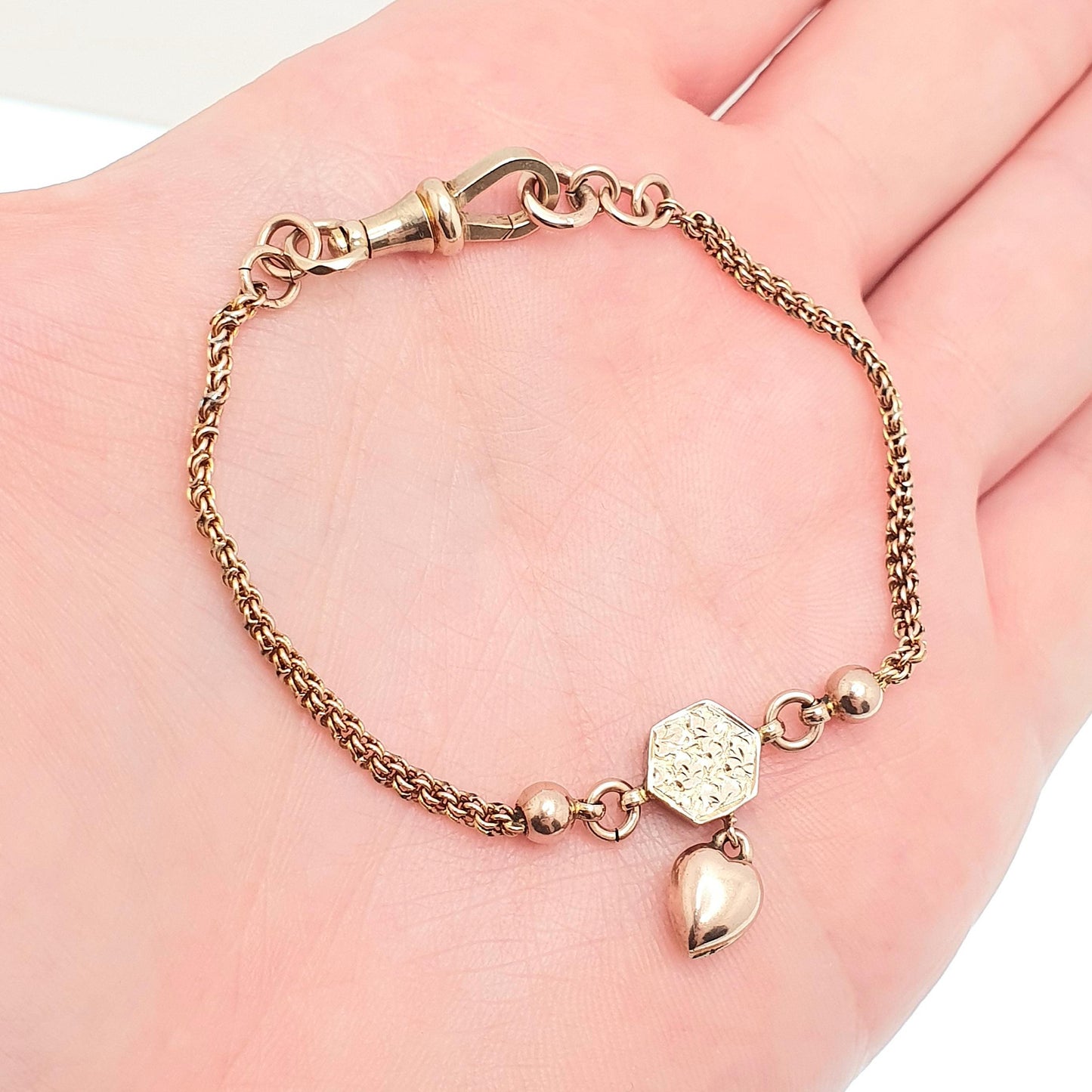Antique Victorian 9ct 9k Rose Gold Albertina Bracelet Puffer Heart Charm Dog Clip 5.77g 17.5cm Solid 9kt Vintage Womens Jewelry Jewellery