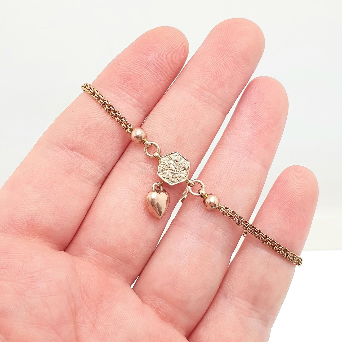 Antique Victorian 9ct 9k Rose Gold Albertina Bracelet Puffer Heart Charm Dog Clip 5.77g 17.5cm Solid 9kt Vintage Womens Jewelry Jewellery