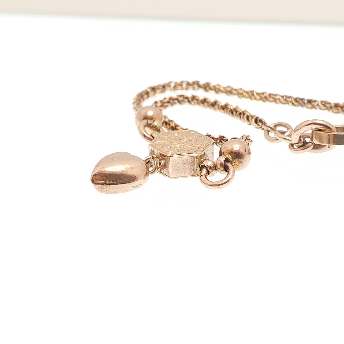 Antique Victorian 9ct 9k Rose Gold Albertina Bracelet Puffer Heart Charm Dog Clip 5.77g 17.5cm Solid 9kt Vintage Womens Jewelry Jewellery