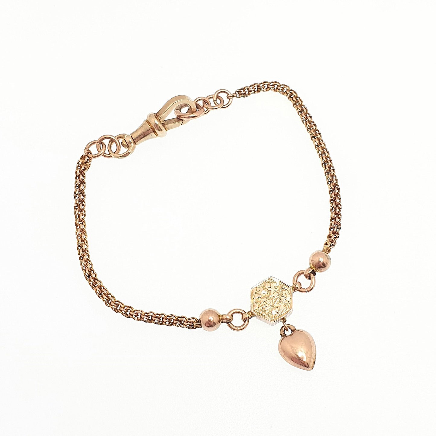 Antique Victorian 9ct 9k Rose Gold Albertina Bracelet Puffer Heart Charm Dog Clip 5.77g 17.5cm Solid 9kt Vintage Womens Jewelry Jewellery