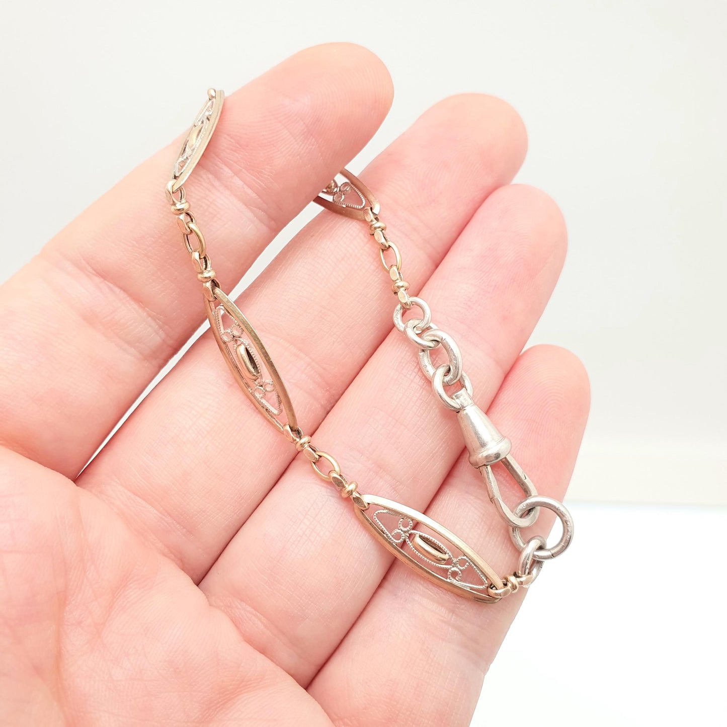 Antique Solid Silver Albert Chain Bracelet Victorian French Dog Clip Gold Vermeil Art Nouveau Ellipse 18cm 5.34g Jewelry Jewellery Womens