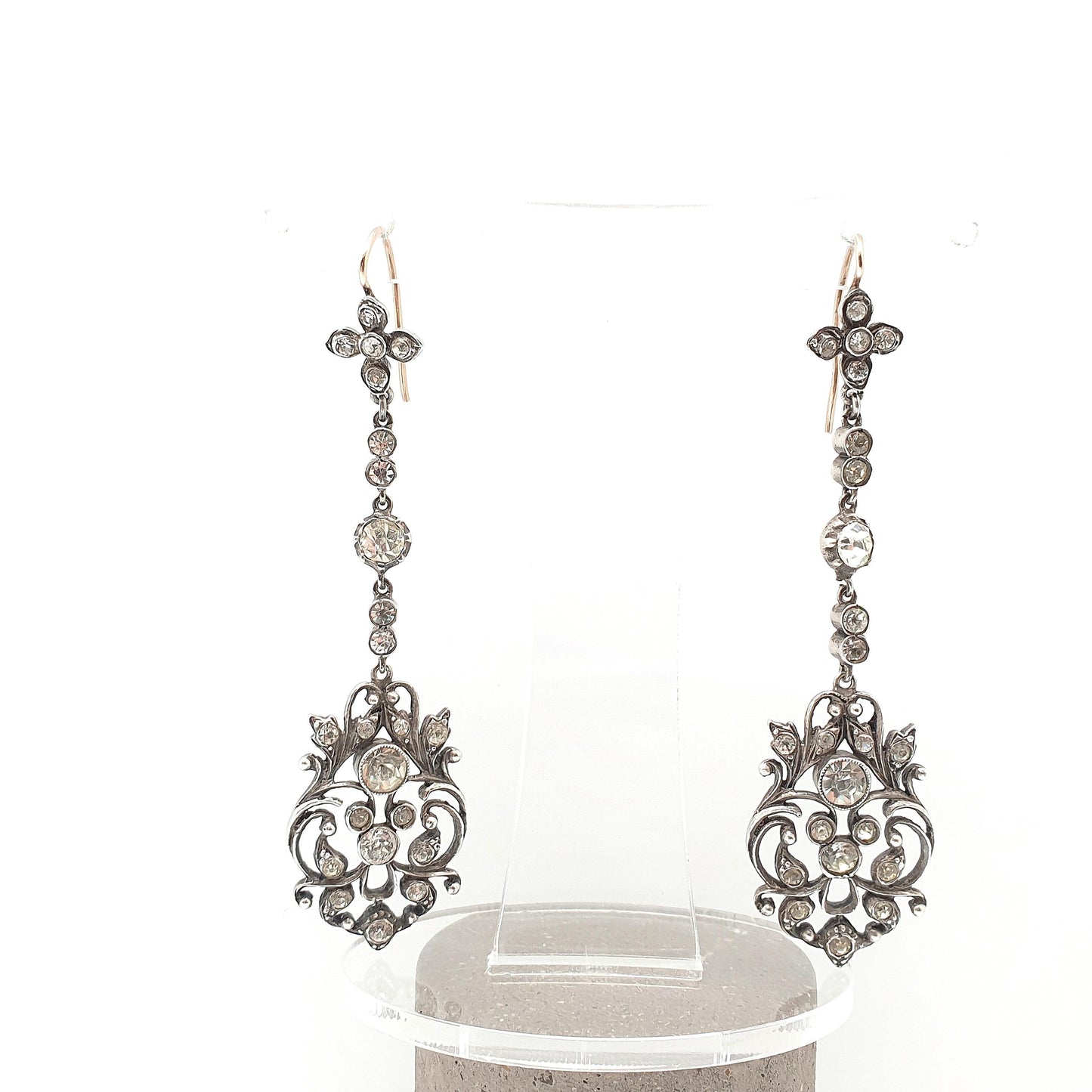 Antique Victorian 9ct Gold Diamond Paste Earrings Solid Silver Hook Dangling Drop Chandelier Art Nouveau Cluster Vintage Jewelry Jewellery