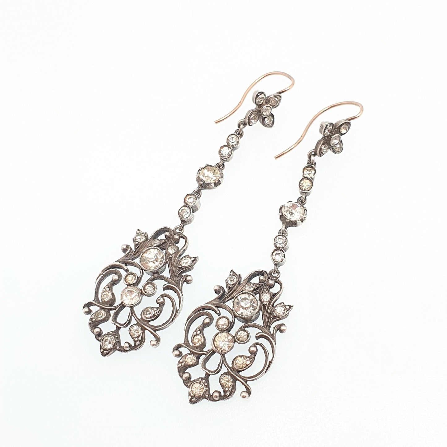 Antique Victorian 9ct Gold Diamond Paste Earrings Solid Silver Hook Dangling Drop Chandelier Art Nouveau Cluster Vintage Jewelry Jewellery