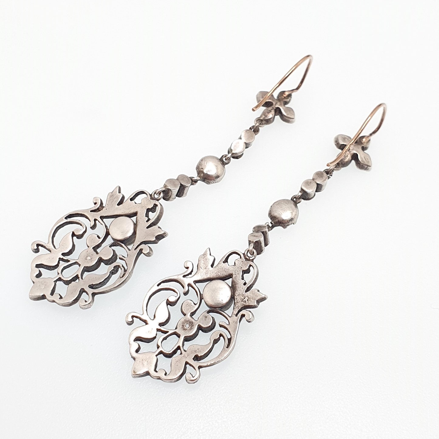 Antique Victorian 9ct Gold Diamond Paste Earrings Solid Silver Hook Dangling Drop Chandelier Art Nouveau Cluster Vintage Jewelry Jewellery