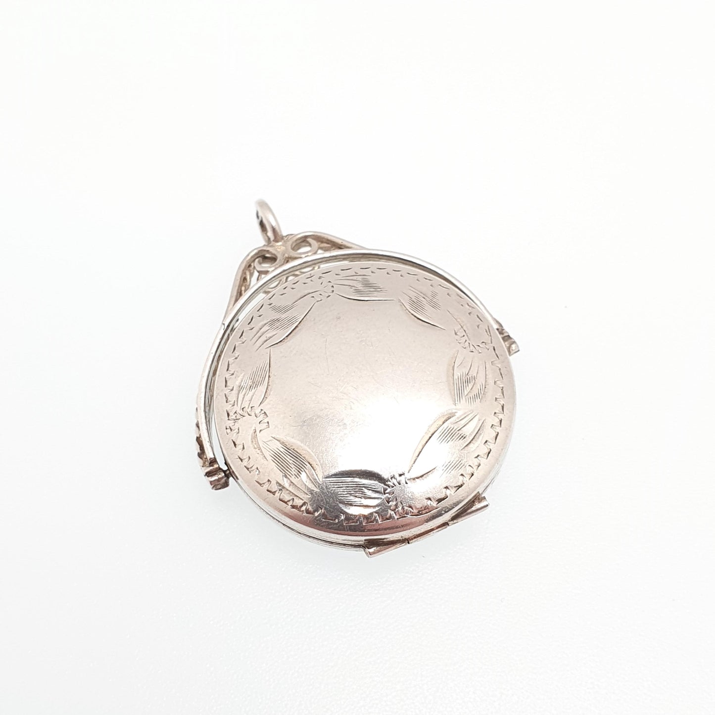 Vintage Sterling Silver Spinner Locket Pendant Fob Necklace Spinning 1970s Solid 9ct 9 Carat Engraved Photo Picture Retro Womens Jewelry