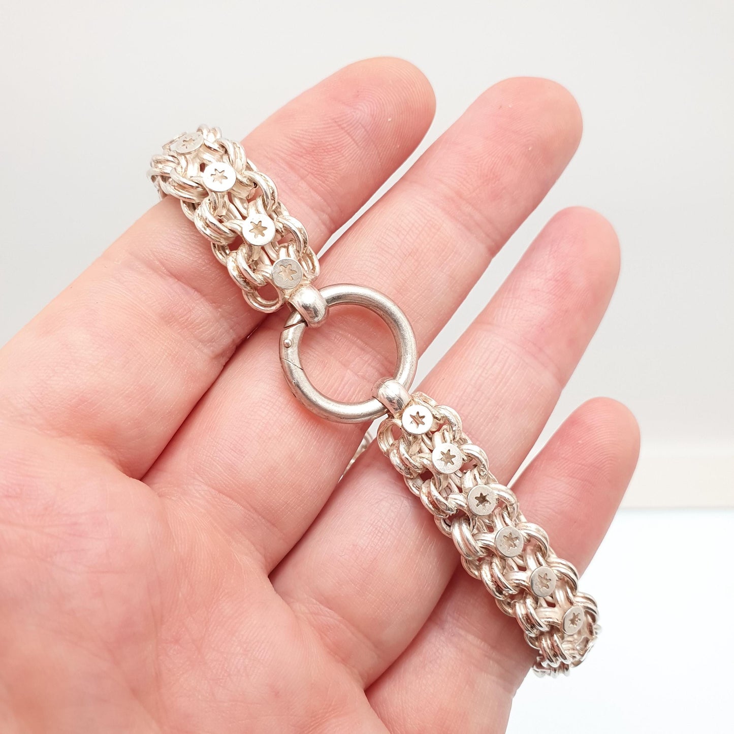 Antique Victorian Solid Silver Bracelet Star Pierced Belcher Chain Rolo Links Vintage Albertina Book Chain Vintage Womens Jewellery Jewelry