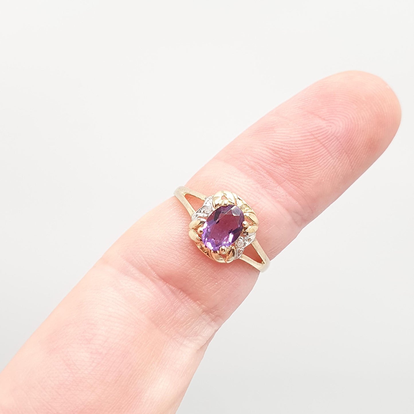 Vintage 9ct 375 Gold Amethyst & Diamond Ring Oval Cut Solid 9k Fine Estate Purple Gemstone Retro Hallmarked Womens Jewellery Jewelry
