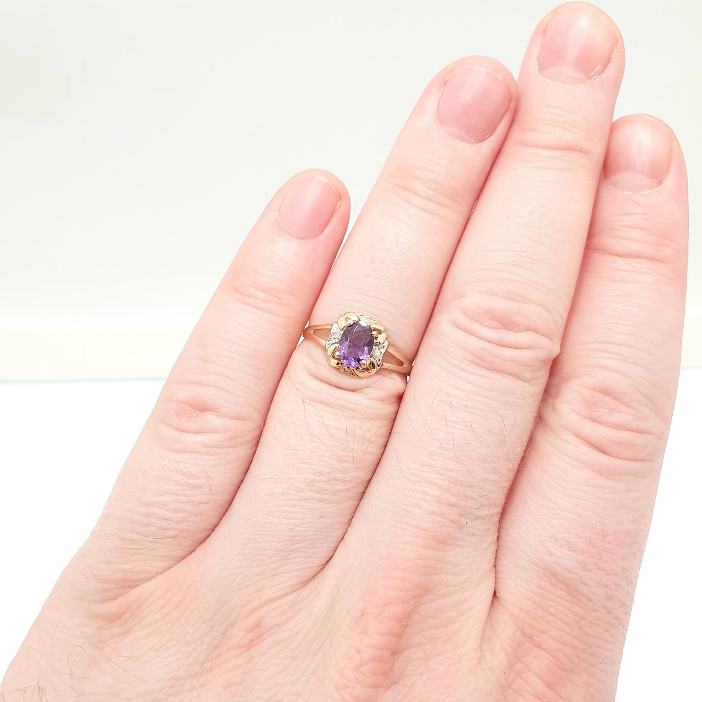 Vintage 9ct 375 Gold Amethyst & Diamond Ring Oval Cut Solid 9k Fine Estate Purple Gemstone Retro Hallmarked Womens Jewellery Jewelry