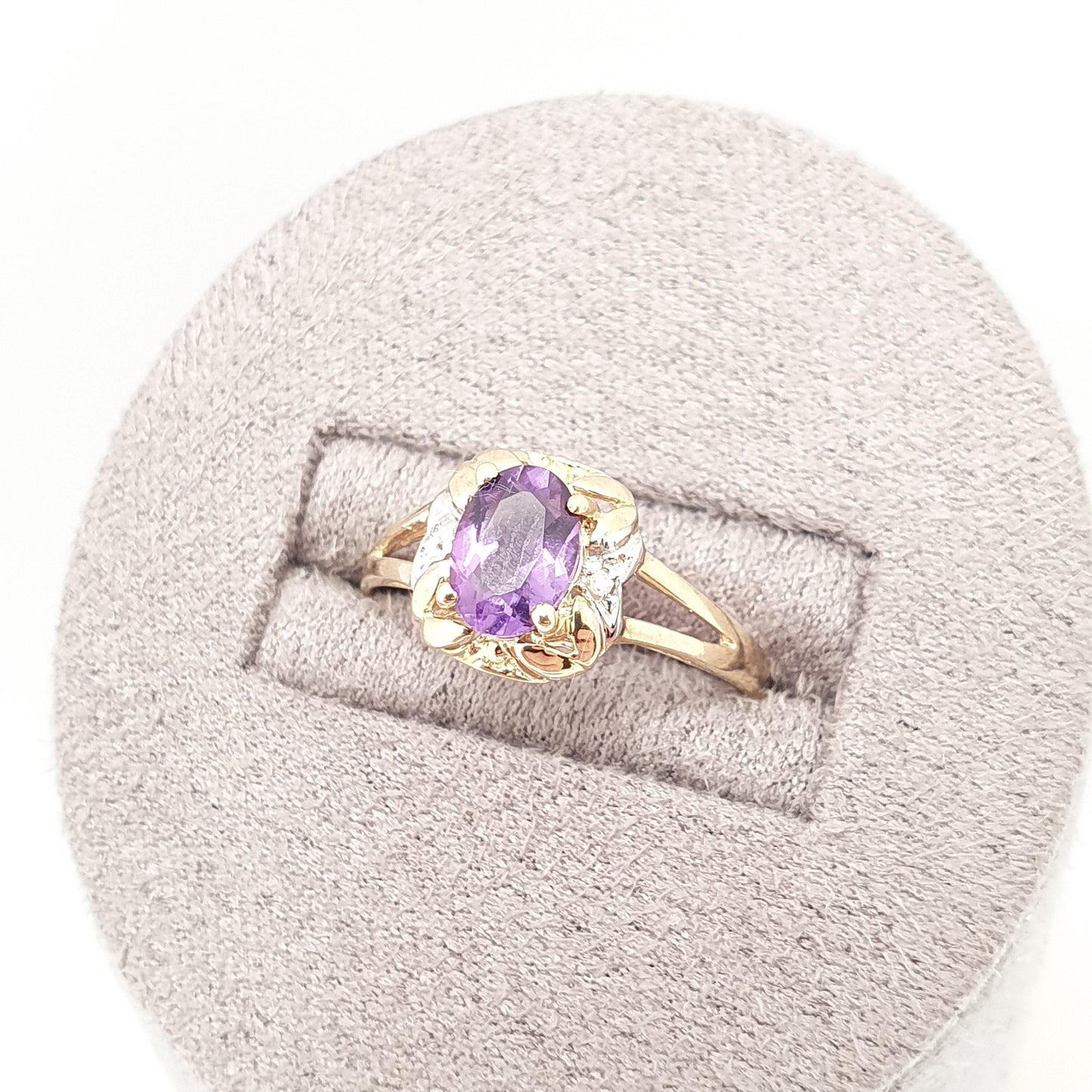 Vintage 9ct 375 Gold Amethyst & Diamond Ring Oval Cut Solid 9k Fine Estate Purple Gemstone Retro Hallmarked Womens Jewellery Jewelry