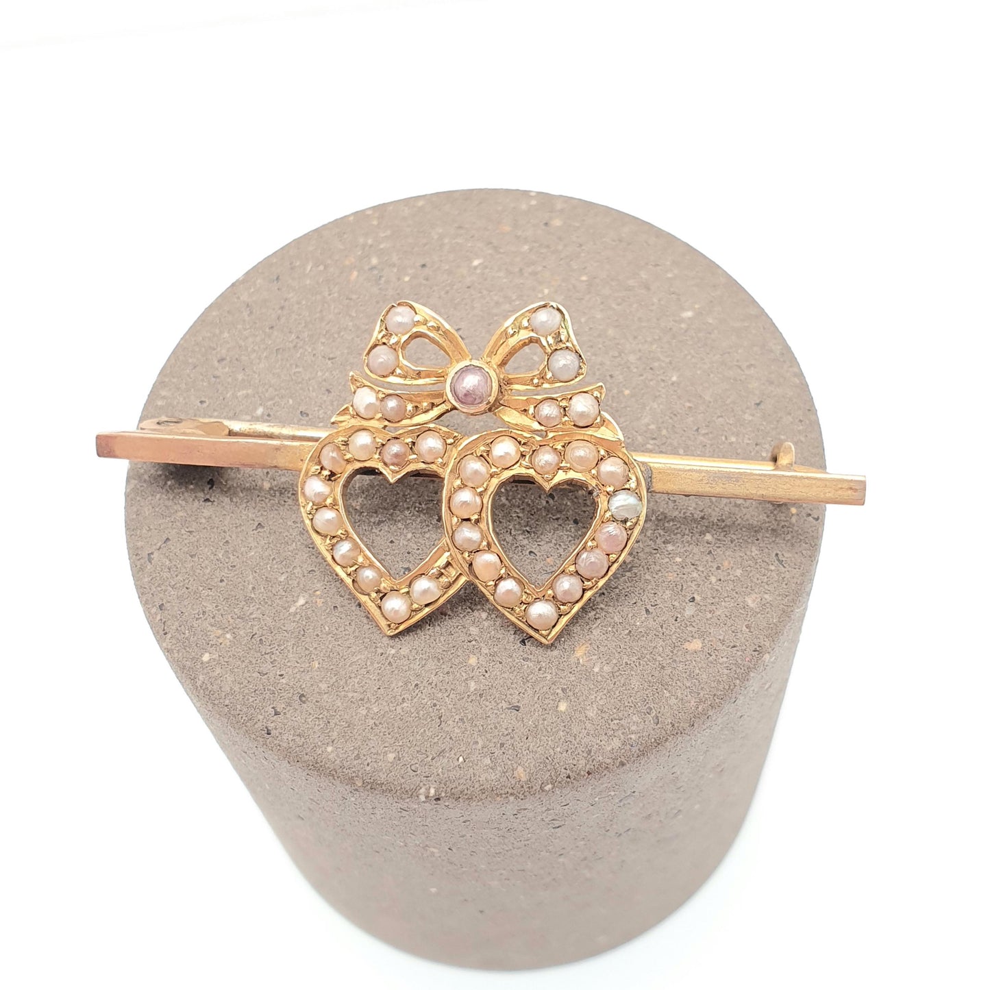 Antique 18k 18ct Gold Double Heart Brooch Pin Seed Pearl Fine Estate Sweetheart Edwardian Romantic Love Solid 750 18 Carat Womens Vintage