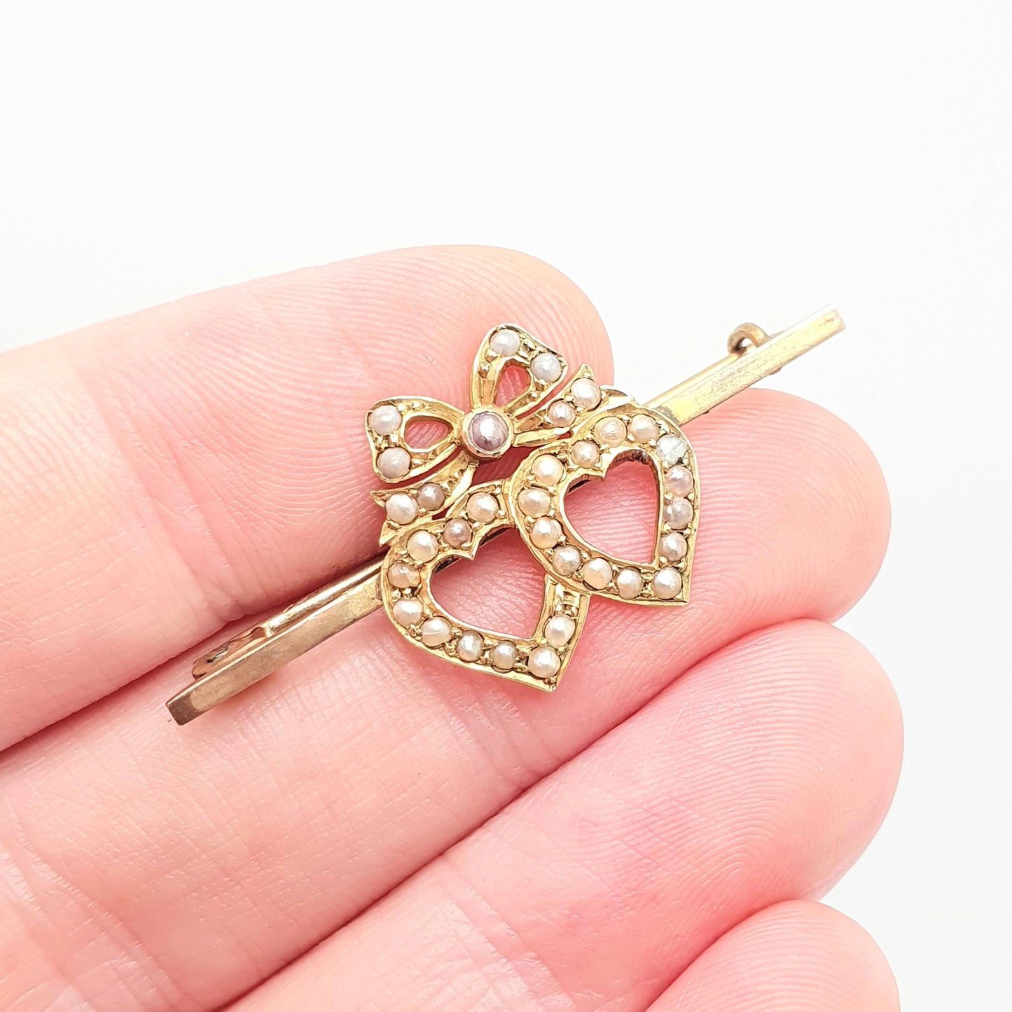 Antique 18k 18ct Gold Double Heart Brooch Pin Seed Pearl Fine Estate Sweetheart Edwardian Romantic Love Solid 750 18 Carat Womens Vintage