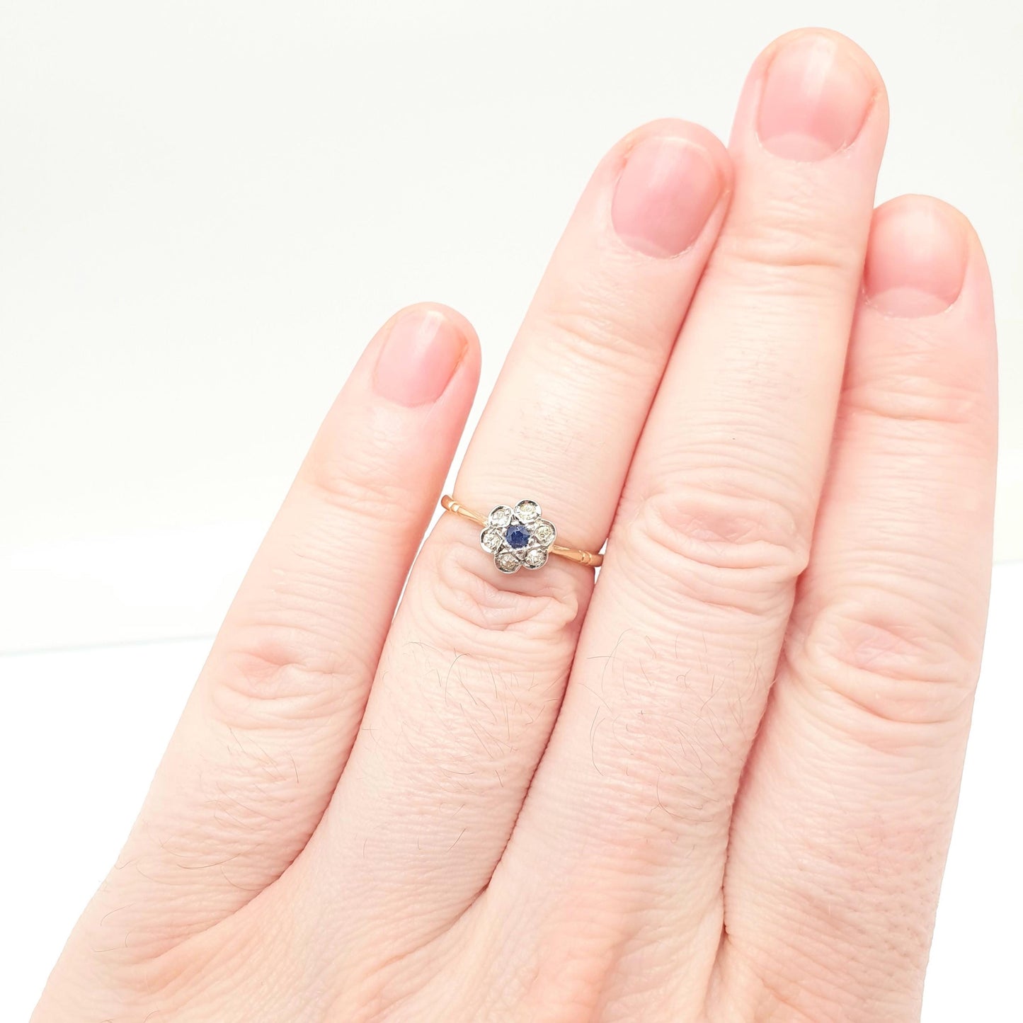 Antique Sapphire & Diamond Ring 18k 18ct Solid Gold 750 Dainty Cluster Flower Halo Gemstone Estate Rose Genuine Vintage Jewelry Jewellery