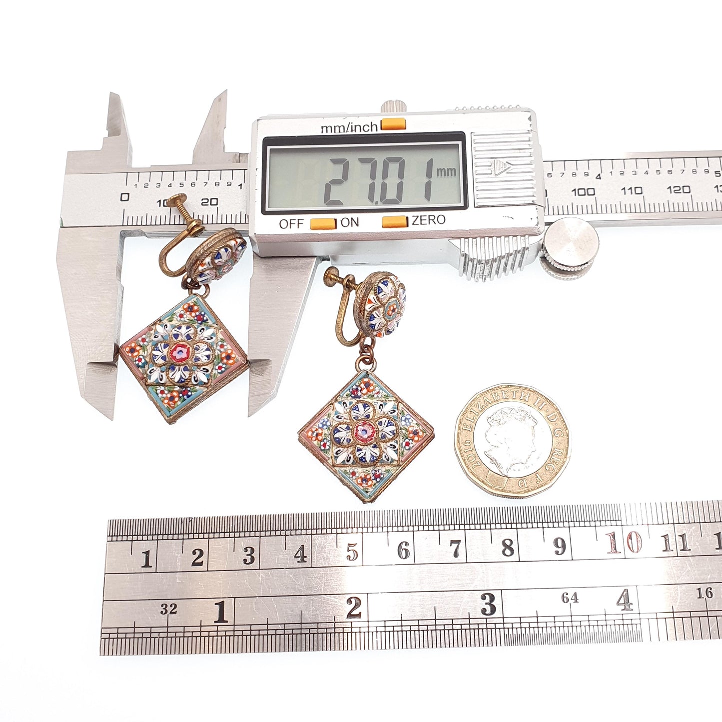 Antique Micro Mosaic Earrings Micromosaic Large Tile Millefiori Gold Gilt Handmade Italian Genuine Screw Back Vintage Jewelry Jewellery