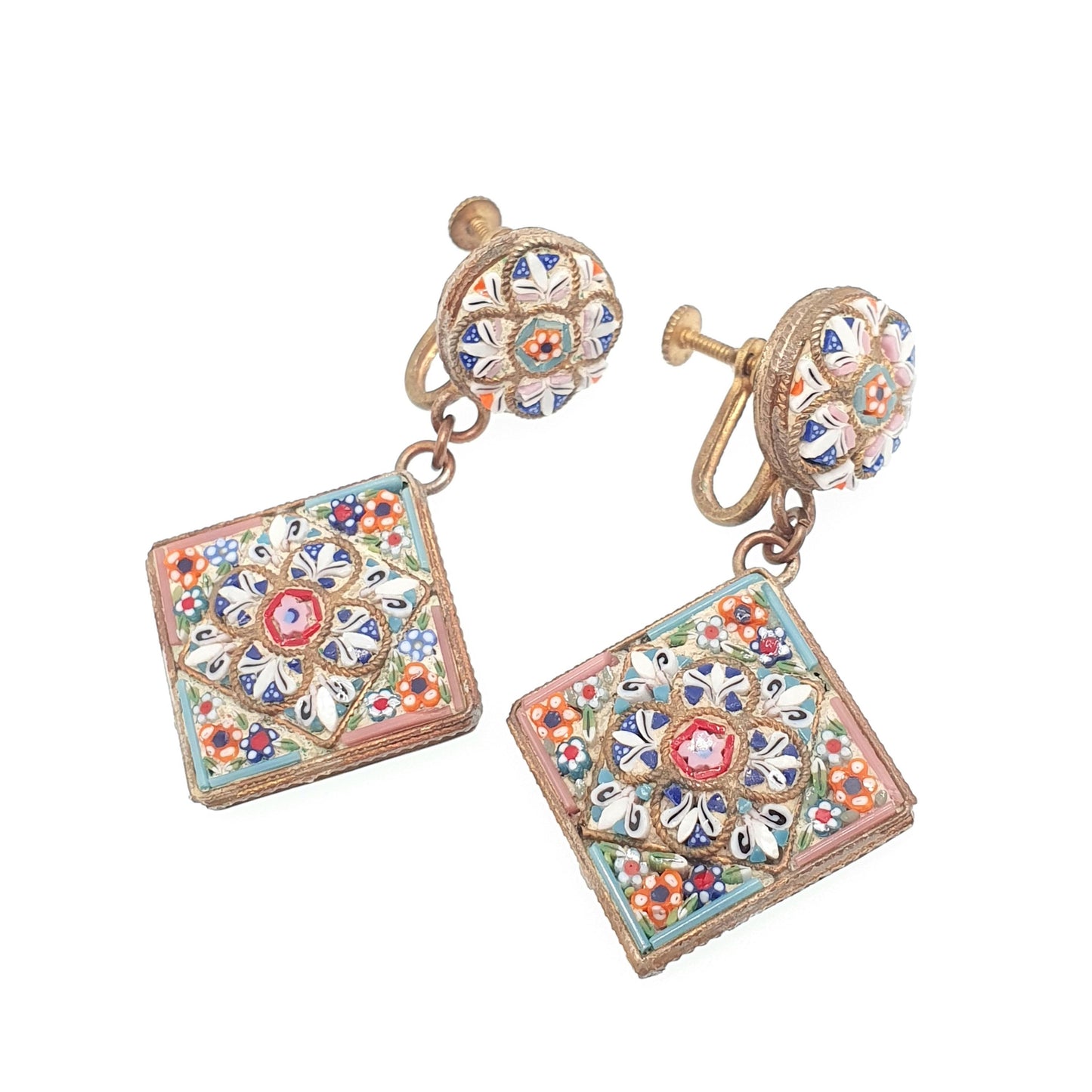 Antique Micro Mosaic Earrings Micromosaic Large Tile Millefiori Gold Gilt Handmade Italian Genuine Screw Back Vintage Jewelry Jewellery
