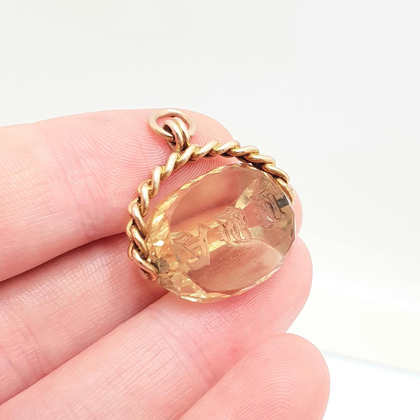 Antique Victorian 9ct 9k Gold Citrine Spinner Intaglio Fob Pendant Necklace Curb Link Albert Hallmark Solid 375 Vintage Jewellery Jewelry