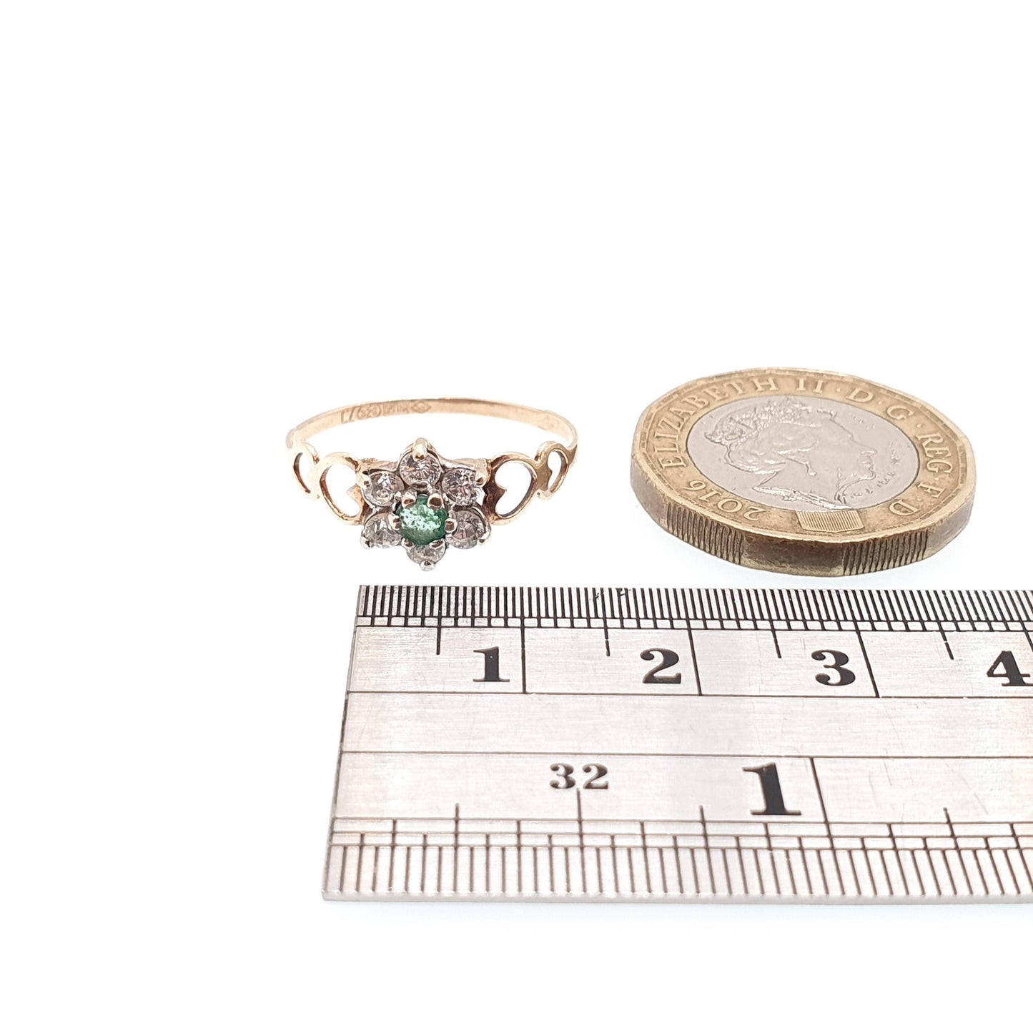 Vintage 9k Gold Emerald Ring Cluster CZ Cubic Zirconia Solid 9ct 375 Hallmarked Estate Fine Jewelry Jewellery Womans Retro Genuine Real