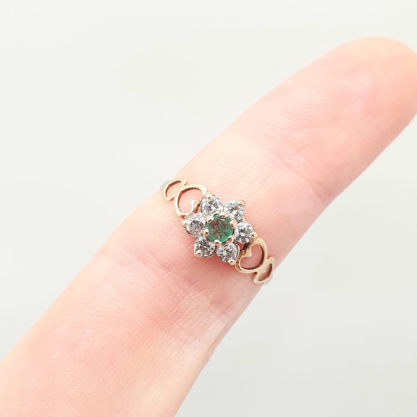 Vintage 9k Gold Emerald Ring Cluster CZ Cubic Zirconia Solid 9ct 375 Hallmarked Estate Fine Jewelry Jewellery Womans Retro Genuine Real