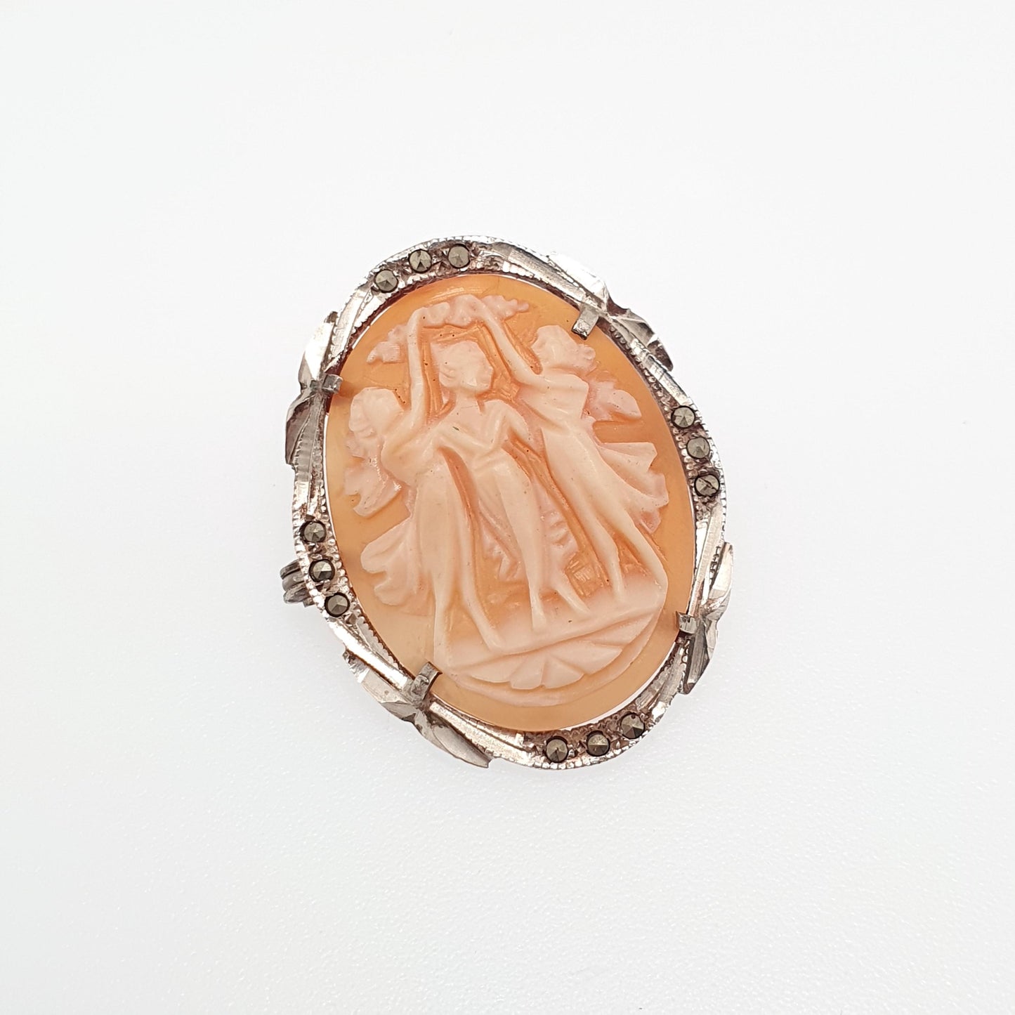 Antique Solid Silver Three Graces Cameo Brooch Pin Marcasite Art Deco Shell Hand Carved Italian Vintage 1920s Jewelry Jewellery Jewelry