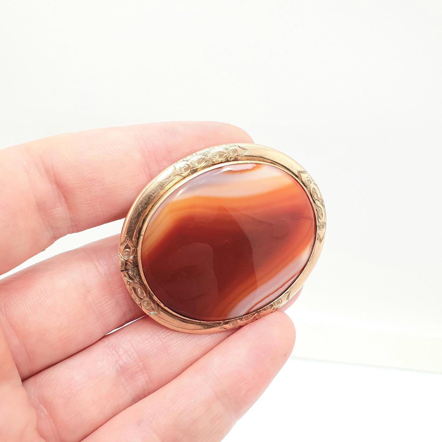 Antique Rolled Gold Agate Brooch Victorian Very Large Big Gold Filled Huge Banded Striped Lace Quartz Engraved Jewelry Jewellery Vintage