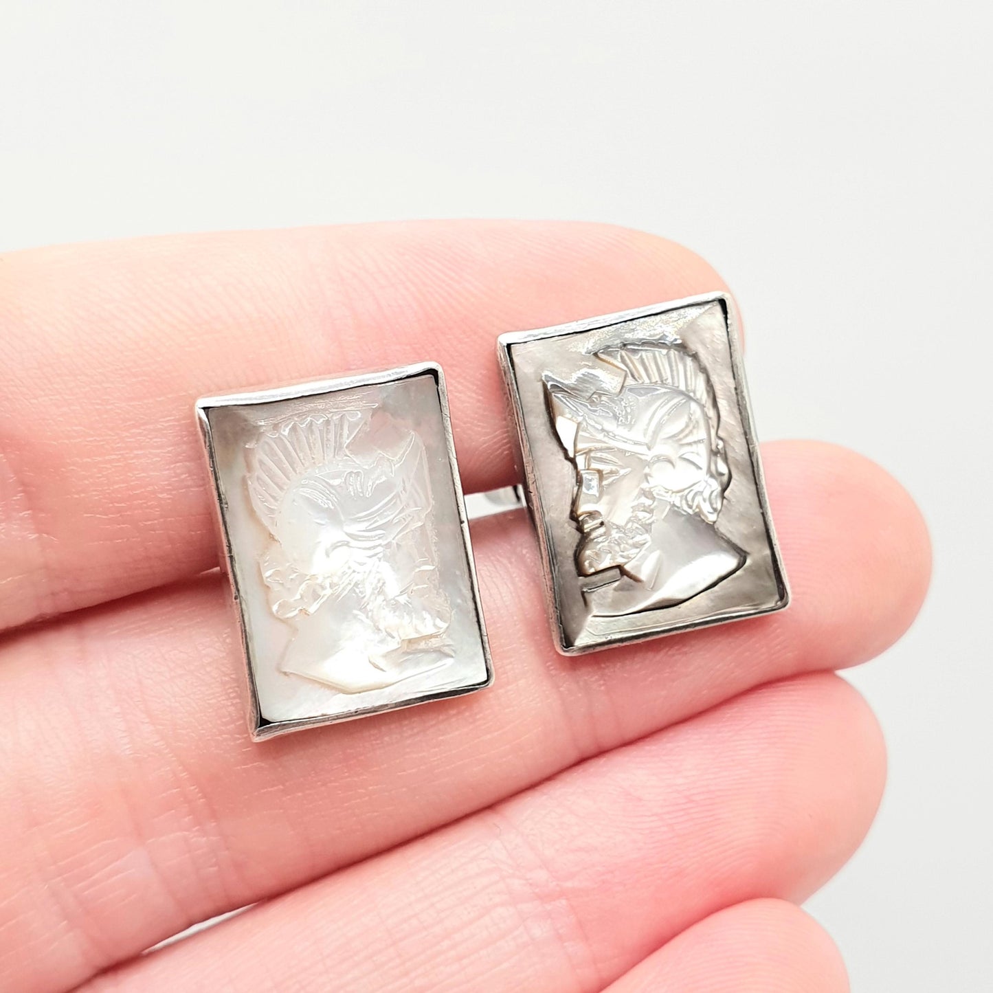 Antique Solid Silver Cameo Cufflinks Cuff Links Centurion 1920s Large Rectangular Hand Carved Shell Gent Mens Vintage Jewelry Jewellery