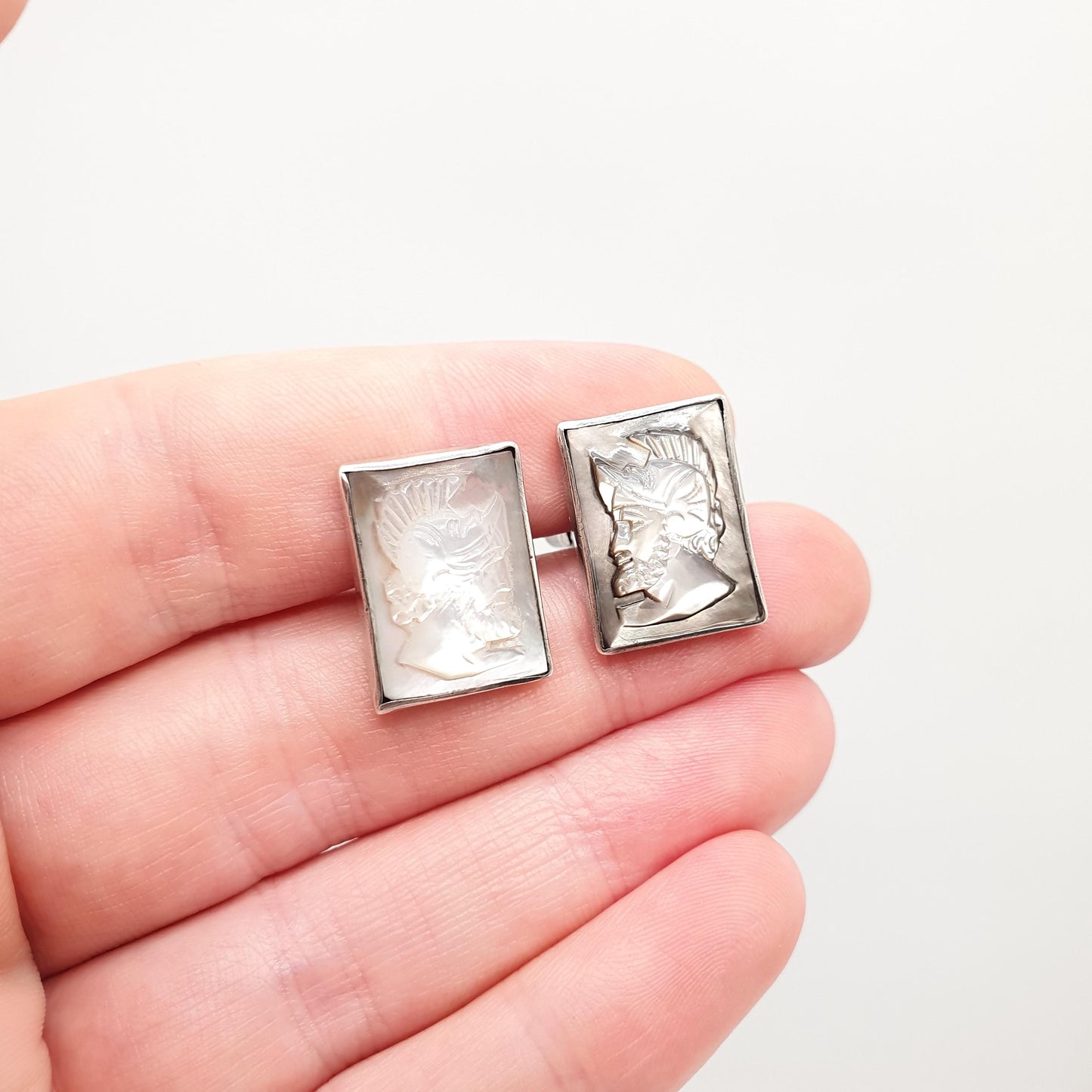 Antique Solid Silver Cameo Cufflinks Cuff Links Centurion 1920s Large Rectangular Hand Carved Shell Gent Mens Vintage Jewelry Jewellery