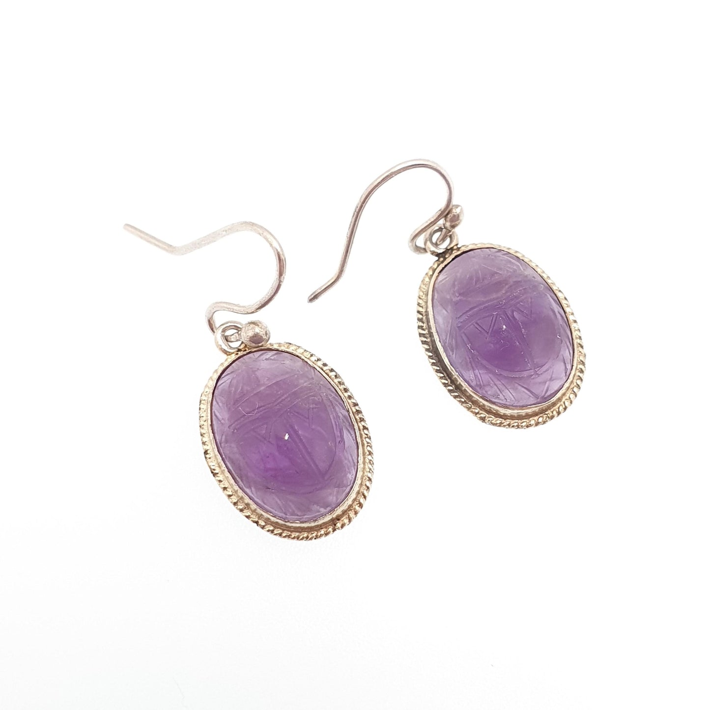 Old Vintage Solid Silver Scarab Beetle Earrings Amethyst Carved Gemstone Egyptian Revival Egypt Hook Drop Insect Bug Jewelry Jewellery