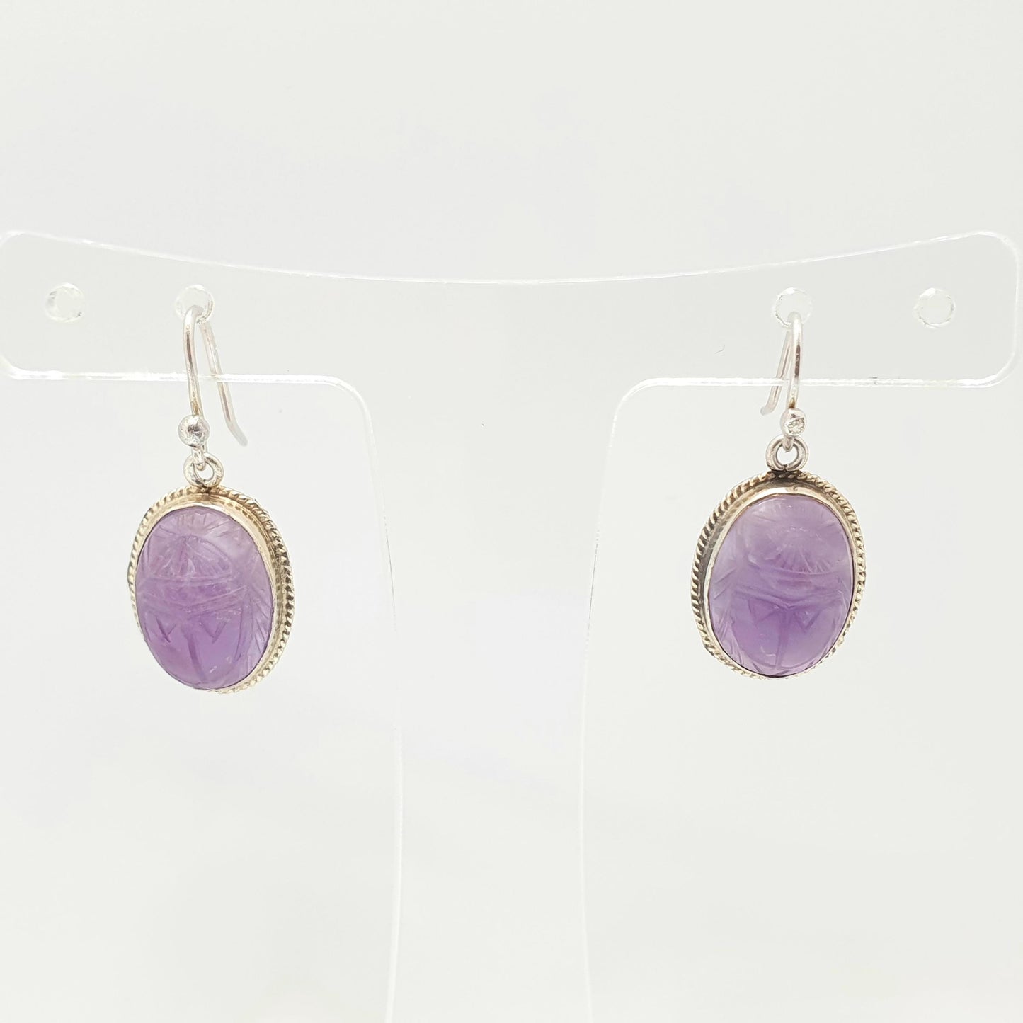 Old Vintage Solid Silver Scarab Beetle Earrings Amethyst Carved Gemstone Egyptian Revival Egypt Hook Drop Insect Bug Jewelry Jewellery