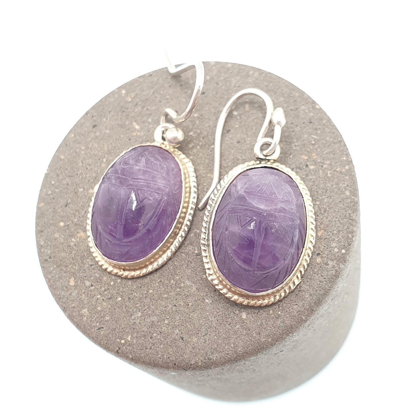 Old Vintage Solid Silver Scarab Beetle Earrings Amethyst Carved Gemstone Egyptian Revival Egypt Hook Drop Insect Bug Jewelry Jewellery