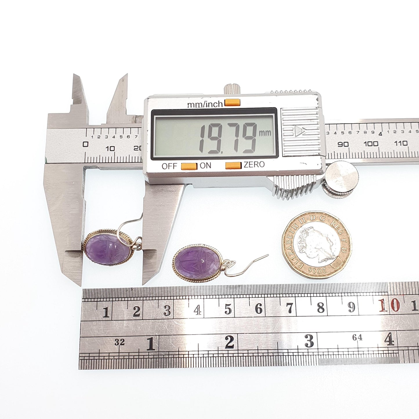 Old Vintage Solid Silver Scarab Beetle Earrings Amethyst Carved Gemstone Egyptian Revival Egypt Hook Drop Insect Bug Jewelry Jewellery