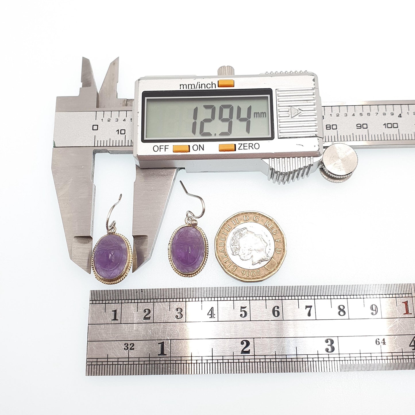 Old Vintage Solid Silver Scarab Beetle Earrings Amethyst Carved Gemstone Egyptian Revival Egypt Hook Drop Insect Bug Jewelry Jewellery