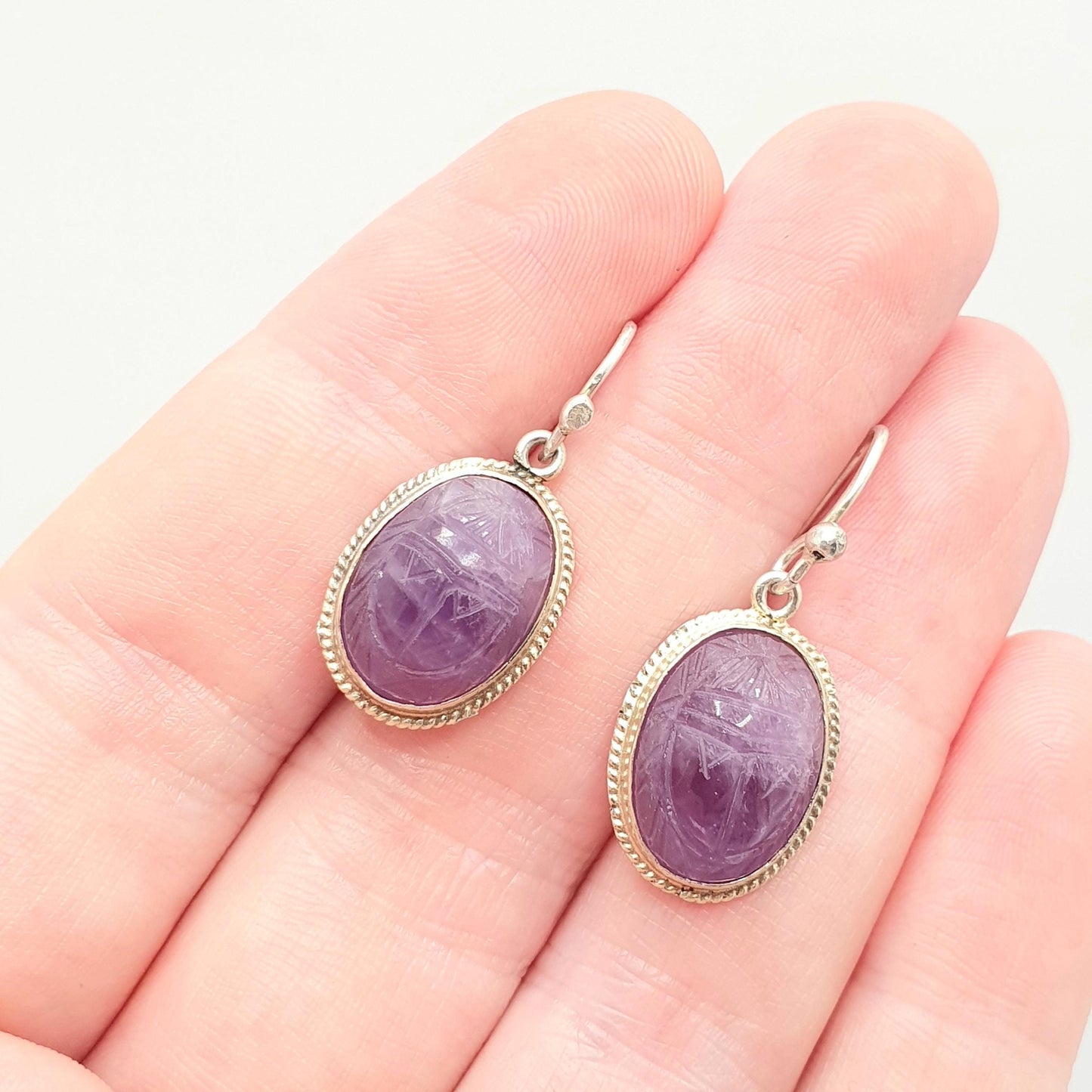 Old Vintage Solid Silver Scarab Beetle Earrings Amethyst Carved Gemstone Egyptian Revival Egypt Hook Drop Insect Bug Jewelry Jewellery