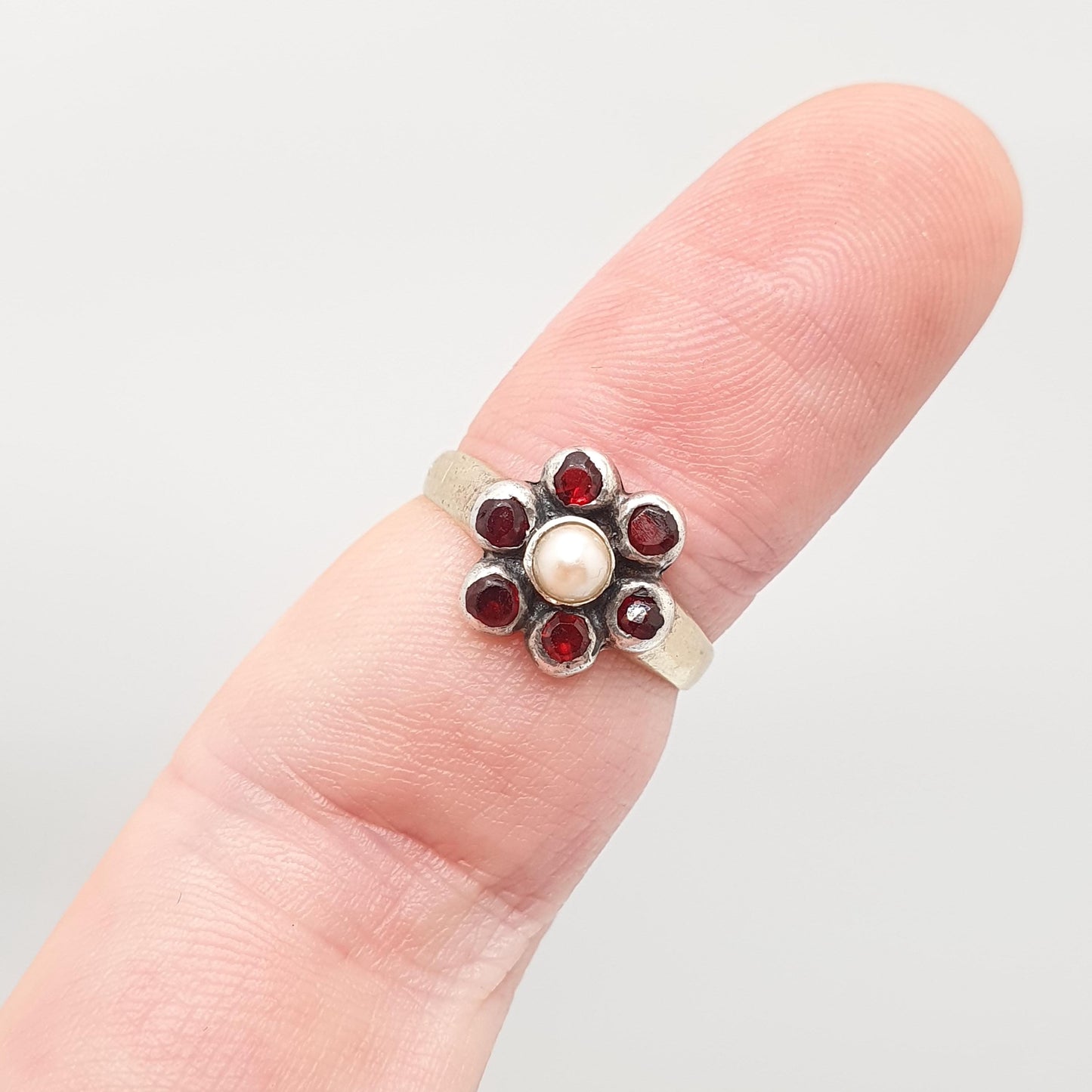 Antique Victorian 14k Gold Garnet & Pearl Ring Solid Silver 14kt 585 Halo Cluster 1800s Vintage Estate Fine Womens Jewelry Jewellery