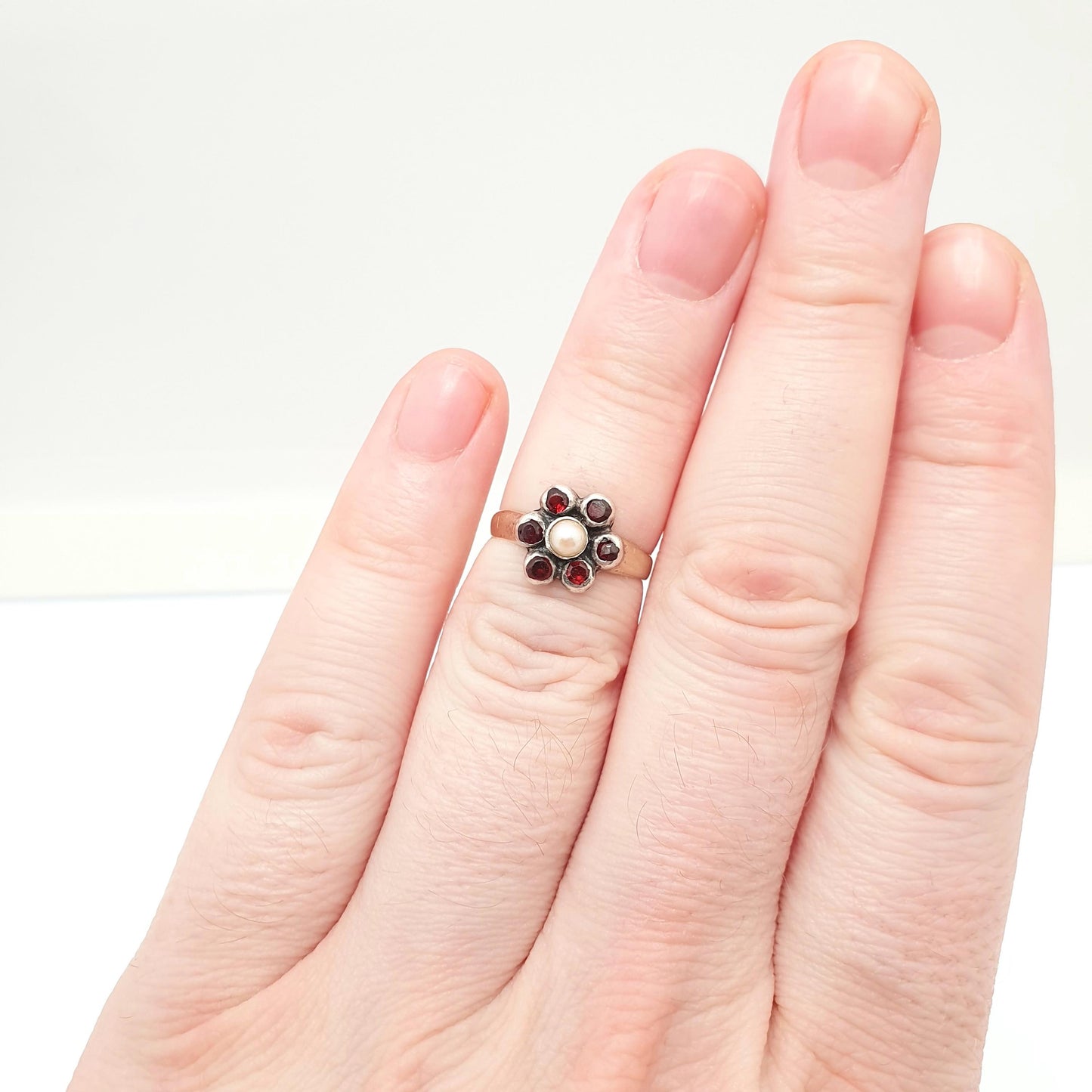 Antique Victorian 14k Gold Garnet & Pearl Ring Solid Silver 14kt 585 Halo Cluster 1800s Vintage Estate Fine Womens Jewelry Jewellery