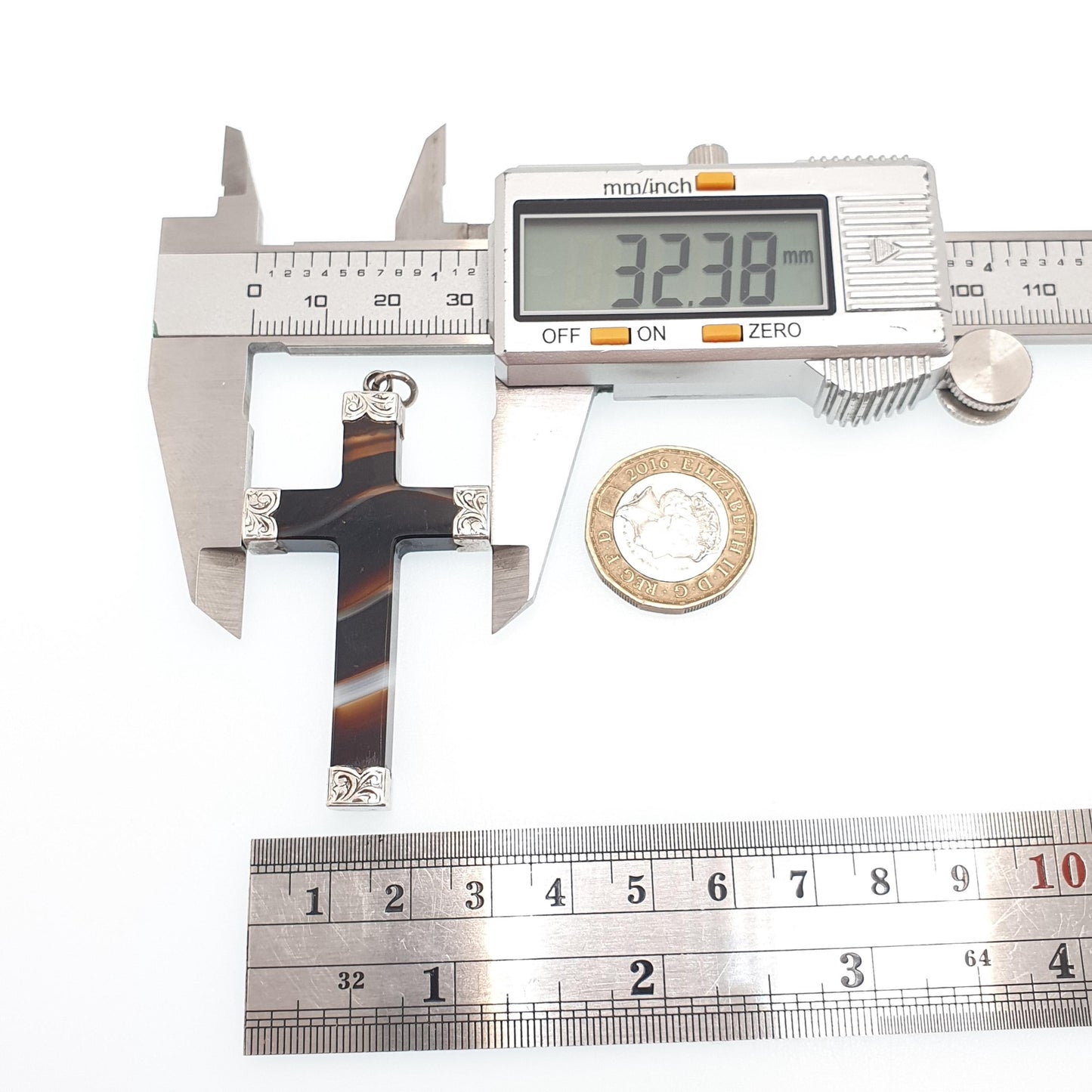 RESERVED/SOLD DON Antique Victorian Solid Silver Agate Crucifix Necklace Pendant Large Big Huge Striped Banded Cross Quartz Jewelry