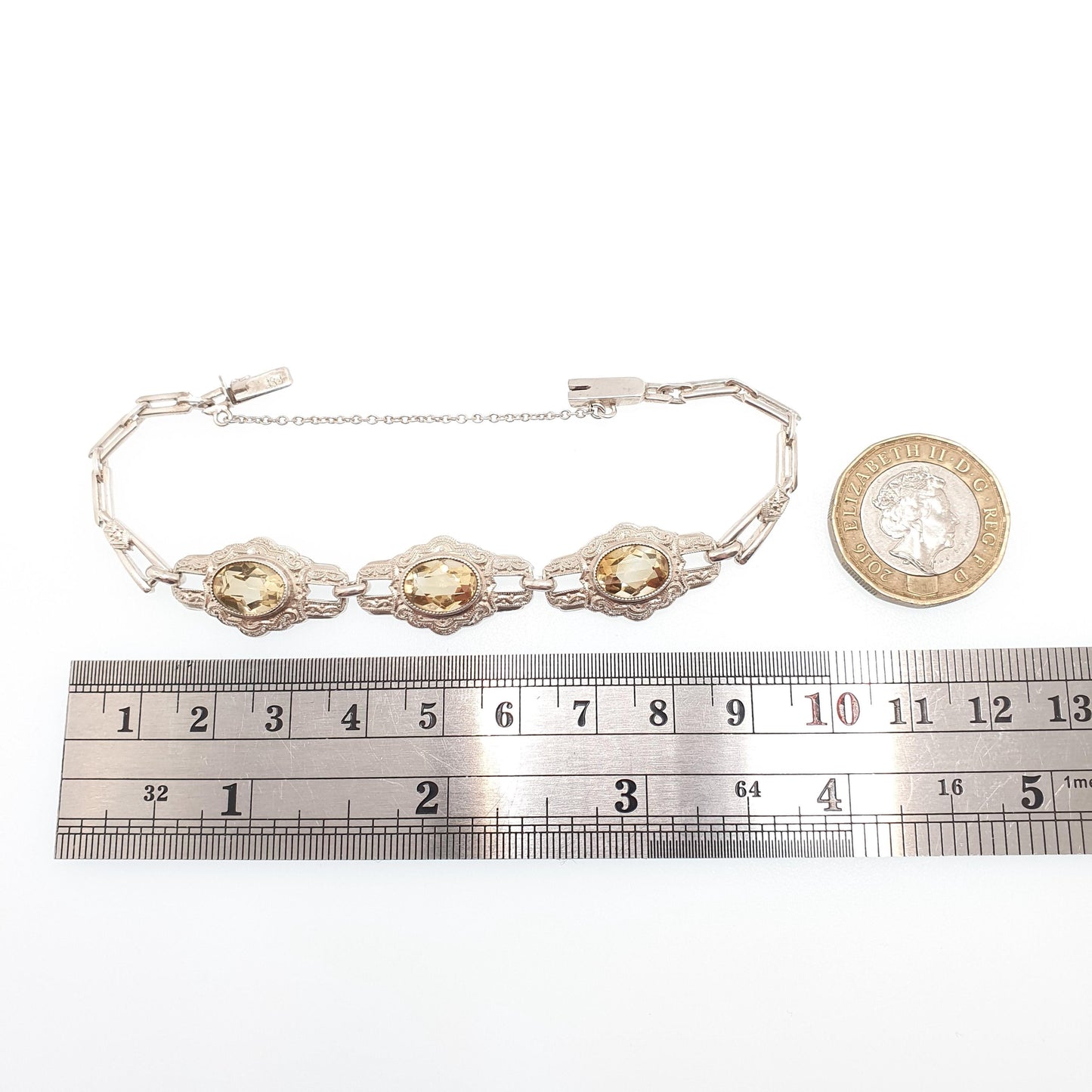 Antique Citrine Bracelet Solid Silver Art Deco Genuine Real Gemstone Oval Cut Fine Rare Geometric 835 Vintage Womens Jewelry Jewellery